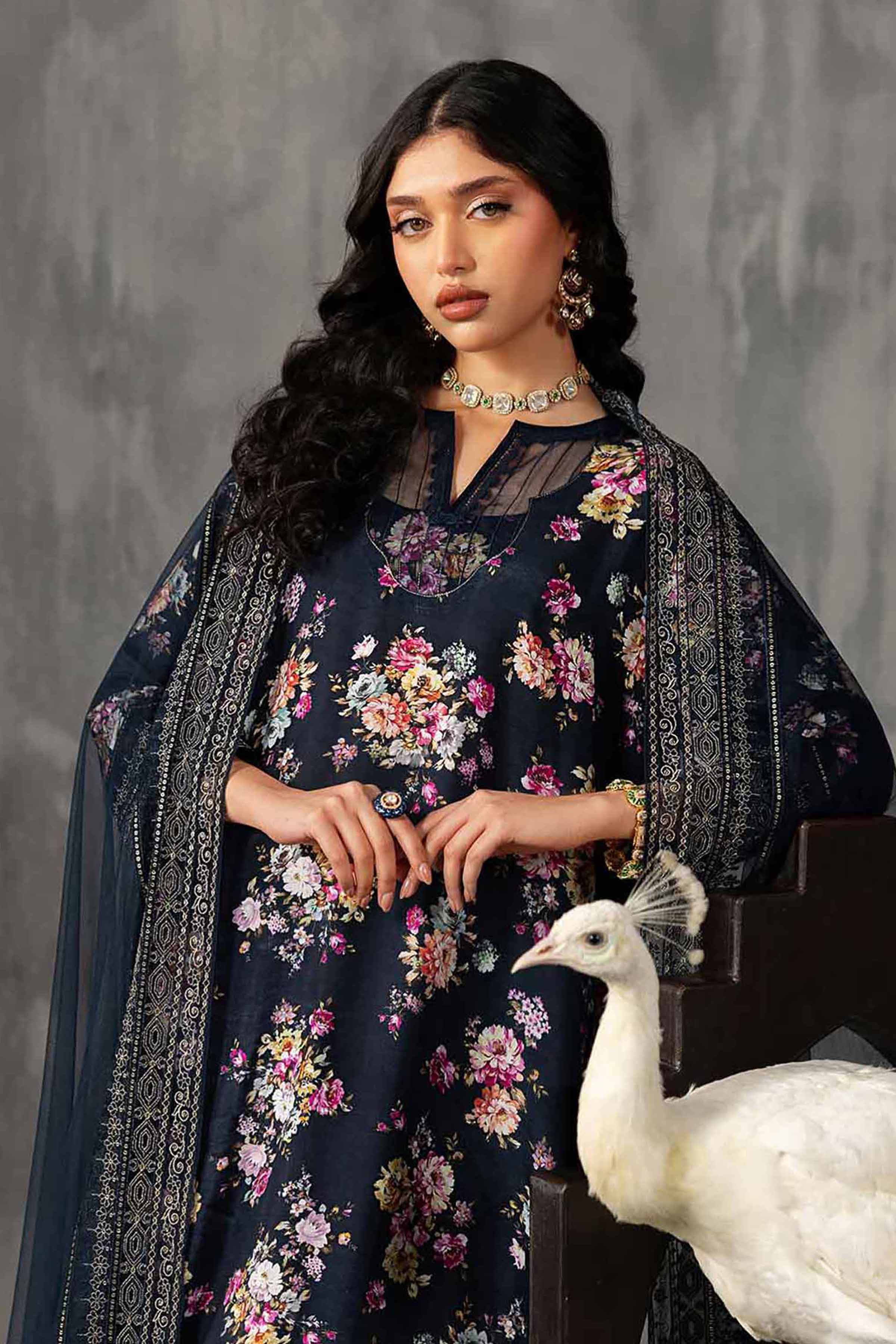 3 Piece - Printed Embroidered Suit - KFE26-118 Blue Silk 3PC Embroidered READY TO WEAR