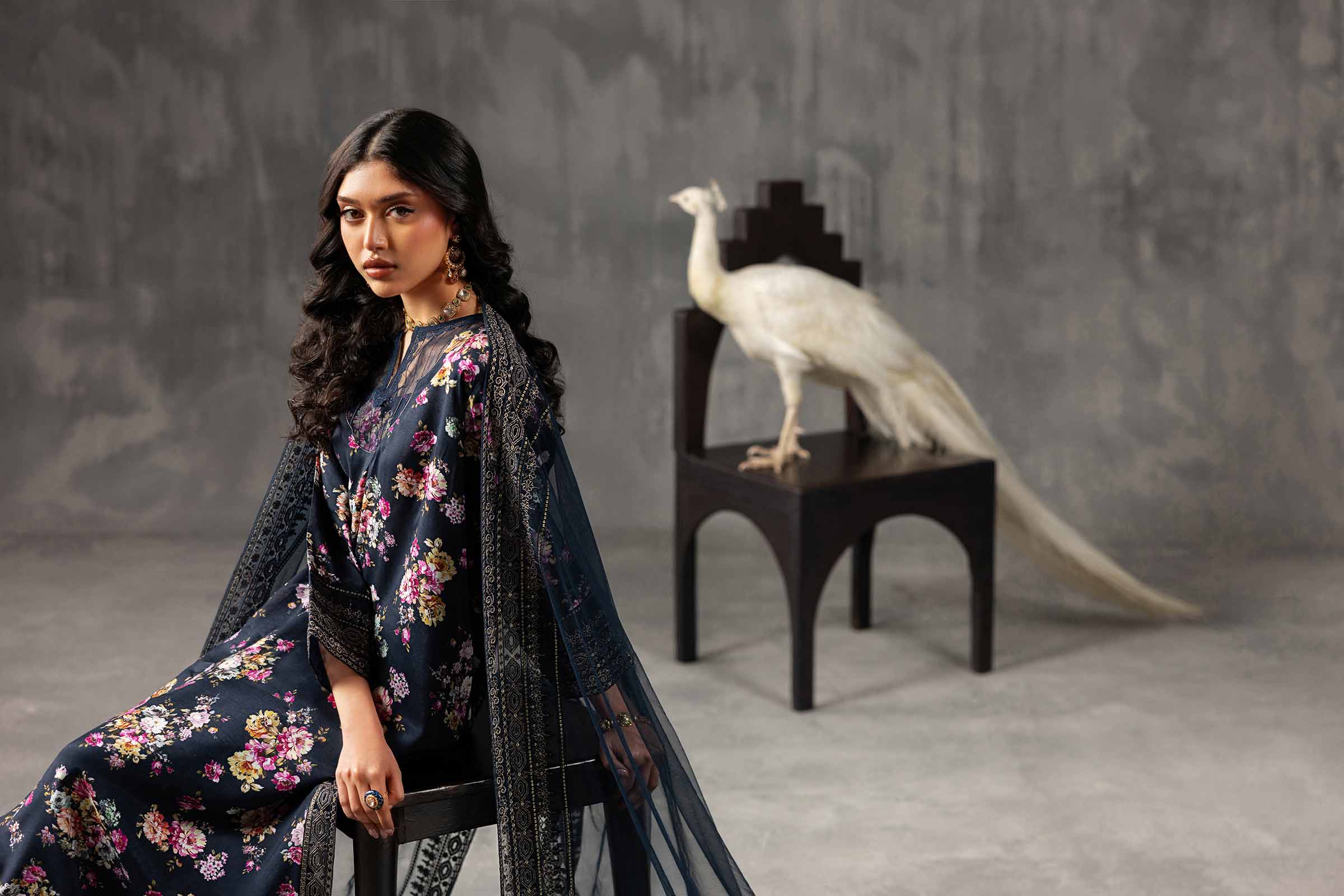 3 Piece - Printed Embroidered Suit - KFE26-118 Blue Silk 3PC Embroidered READY TO WEAR