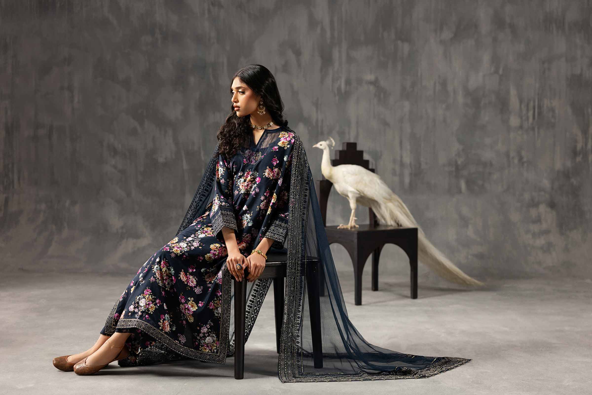 3 Piece - Printed Embroidered Suit - KFE26-118 Blue Silk 3PC Embroidered READY TO WEAR