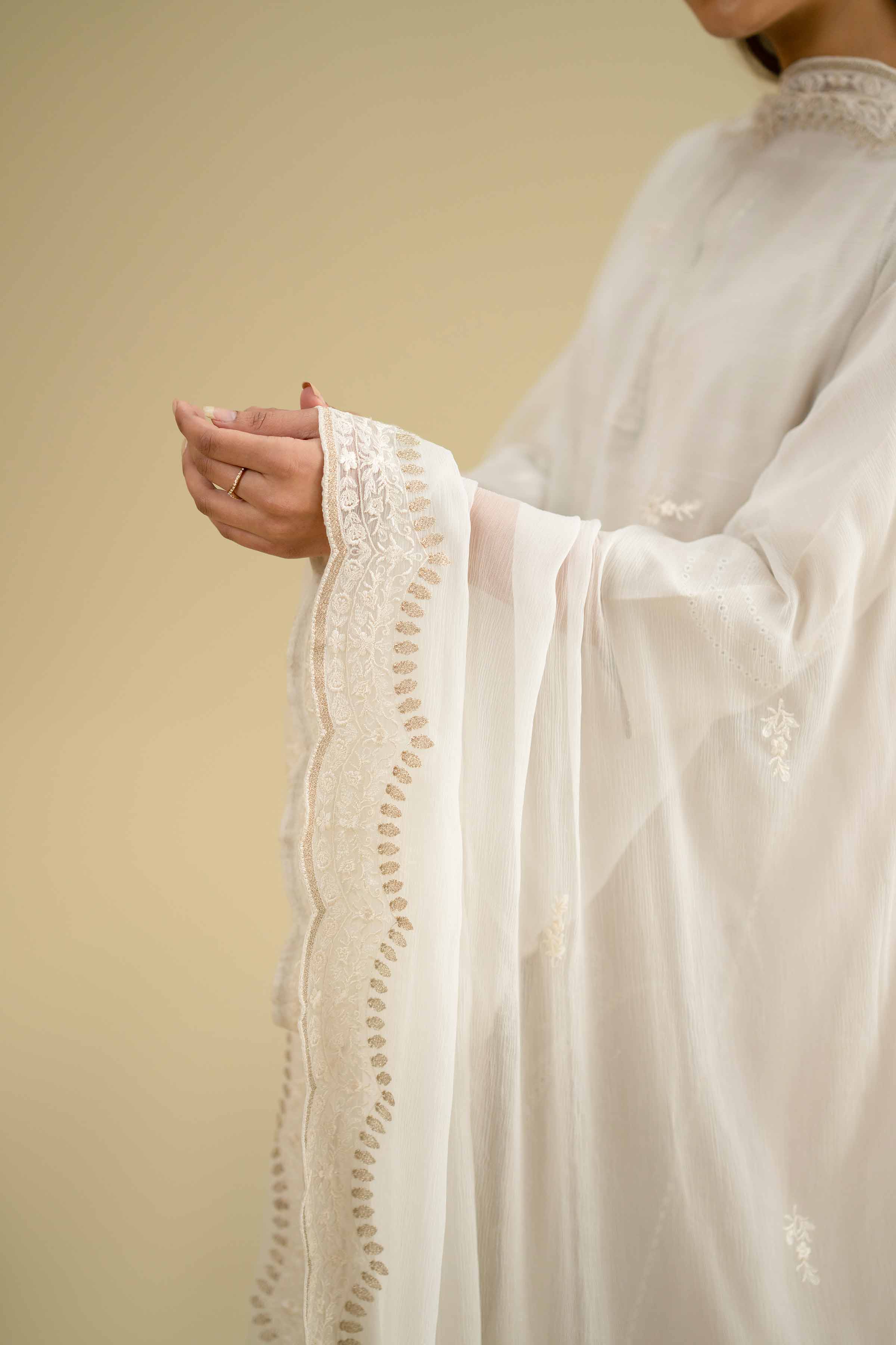 Embroidered Dupatta - KFE26-122 Off White Chiffon 1PC Embroidered LUXURY