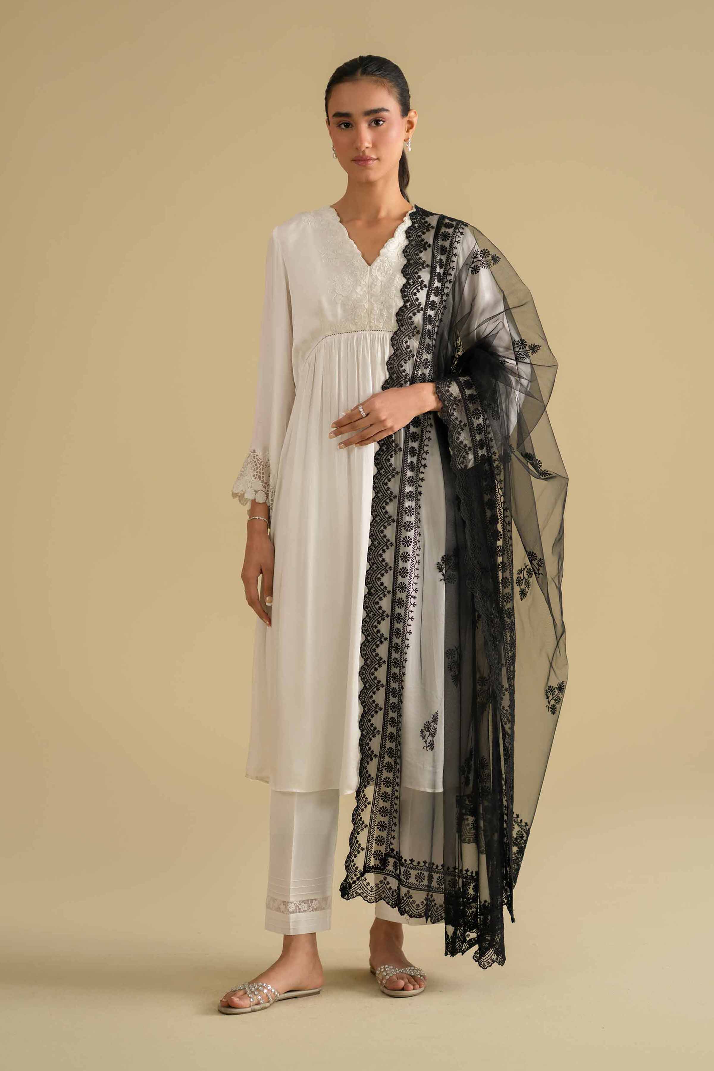 Embroidered Dupatta - KFE26-124 Black Net 1PC Embroidered LUXURY