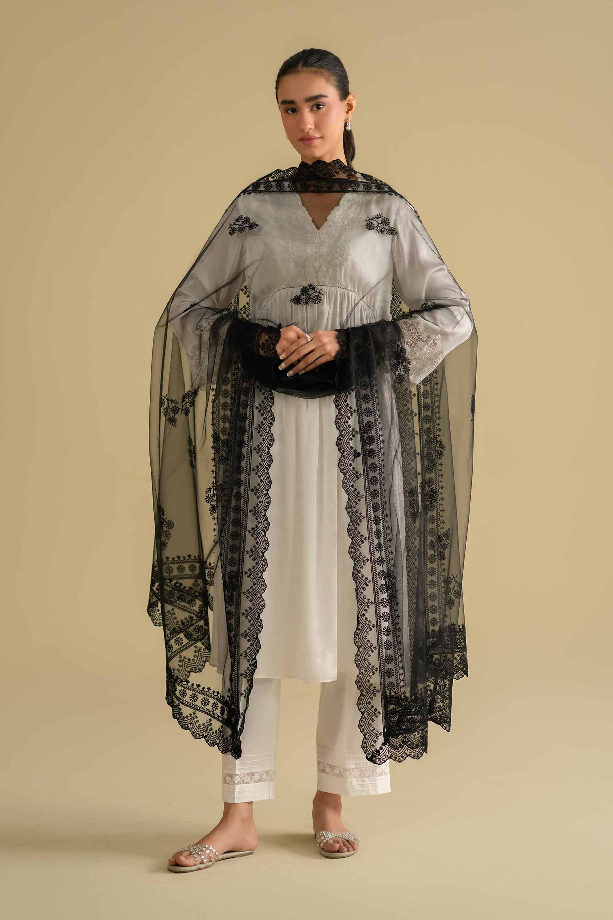 Embroidered Dupatta - KFE26-124 Black Net 1PC Embroidered LUXURY