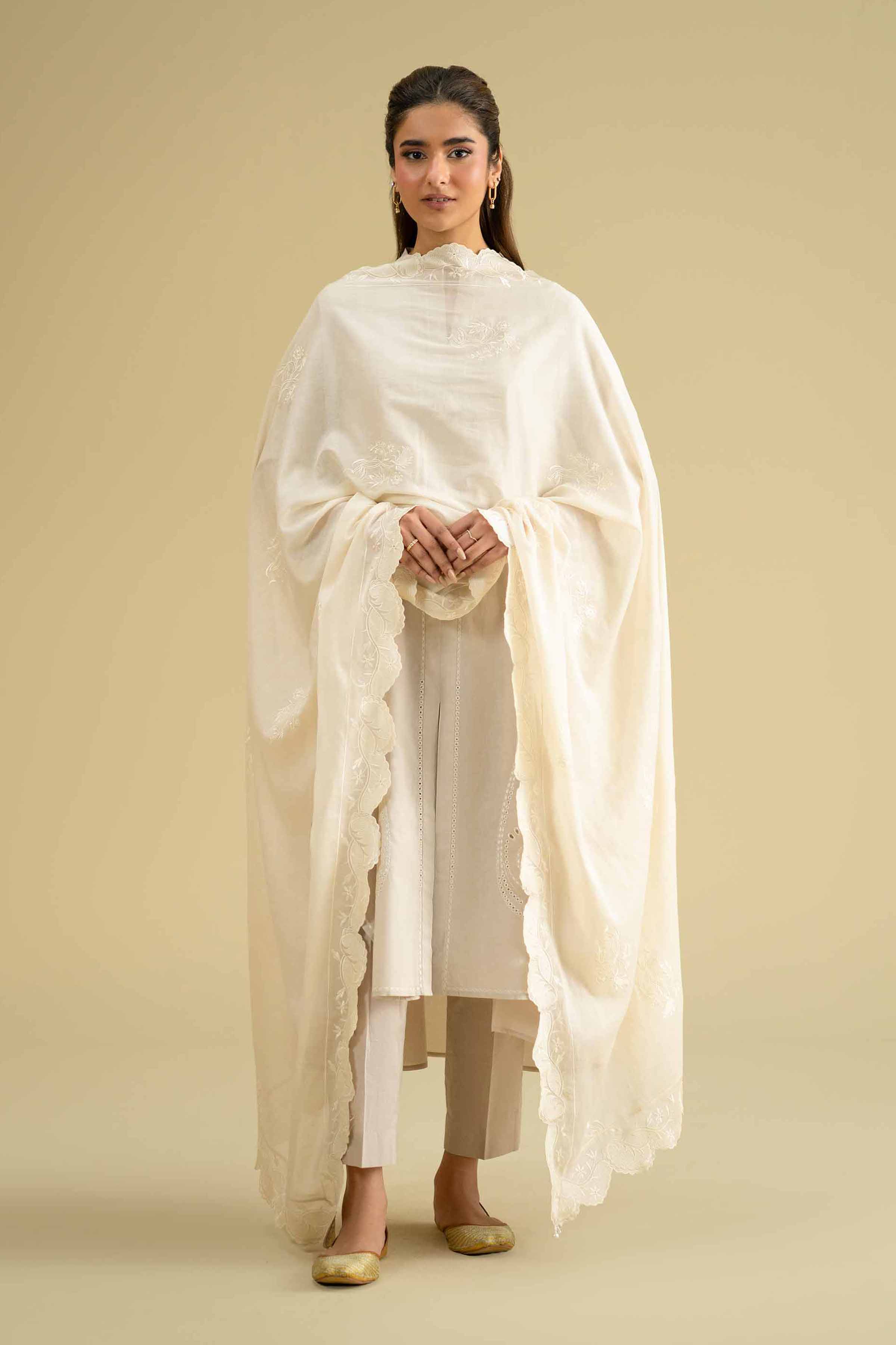 Embroidered Dupatta - KFE26-125 Off White Voile 1PC Embroidered LUXURY