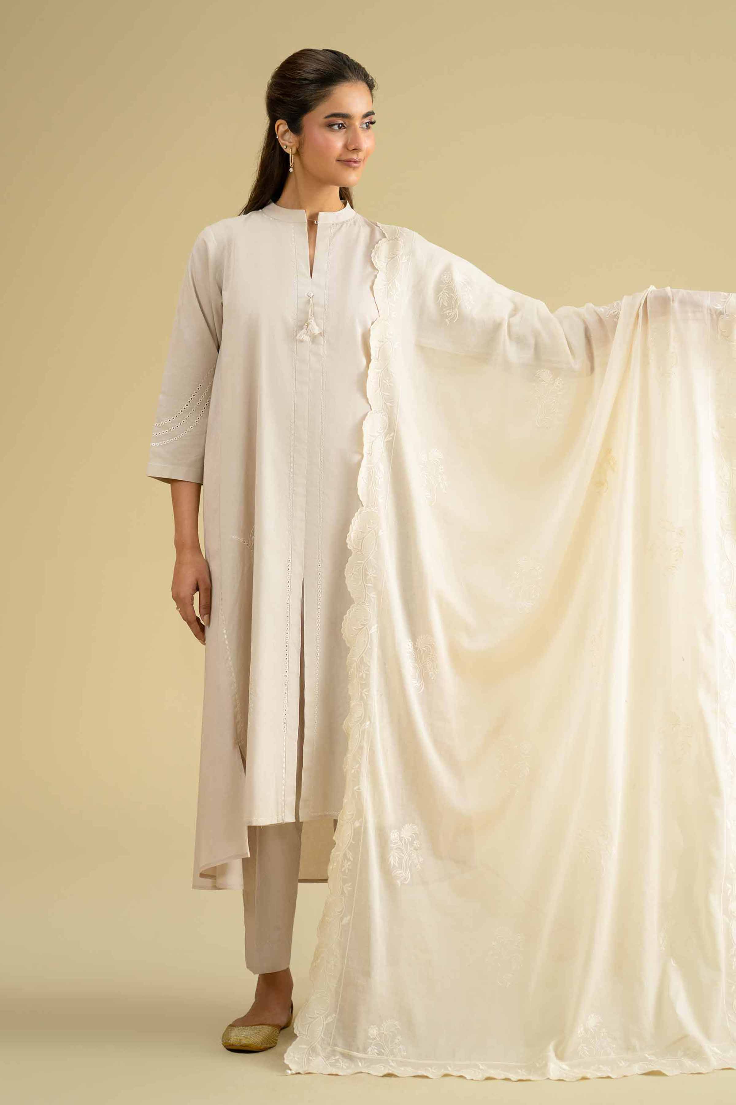 Embroidered Dupatta - KFE26-125 Off White Voile 1PC Embroidered LUXURY