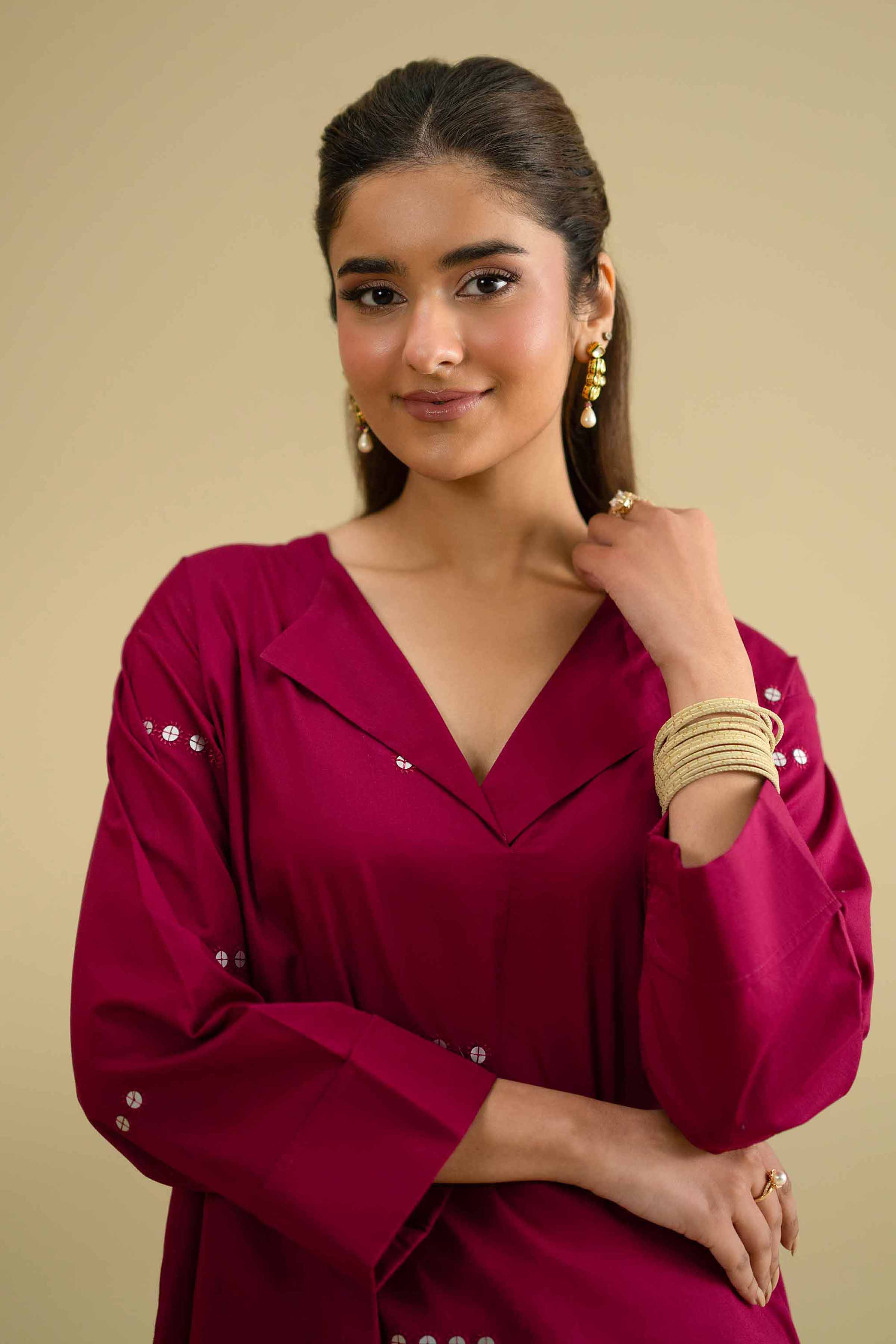 Embroidered Shirt - KFE26-13 Pink Cambric 1PC Embroidered LUXURY