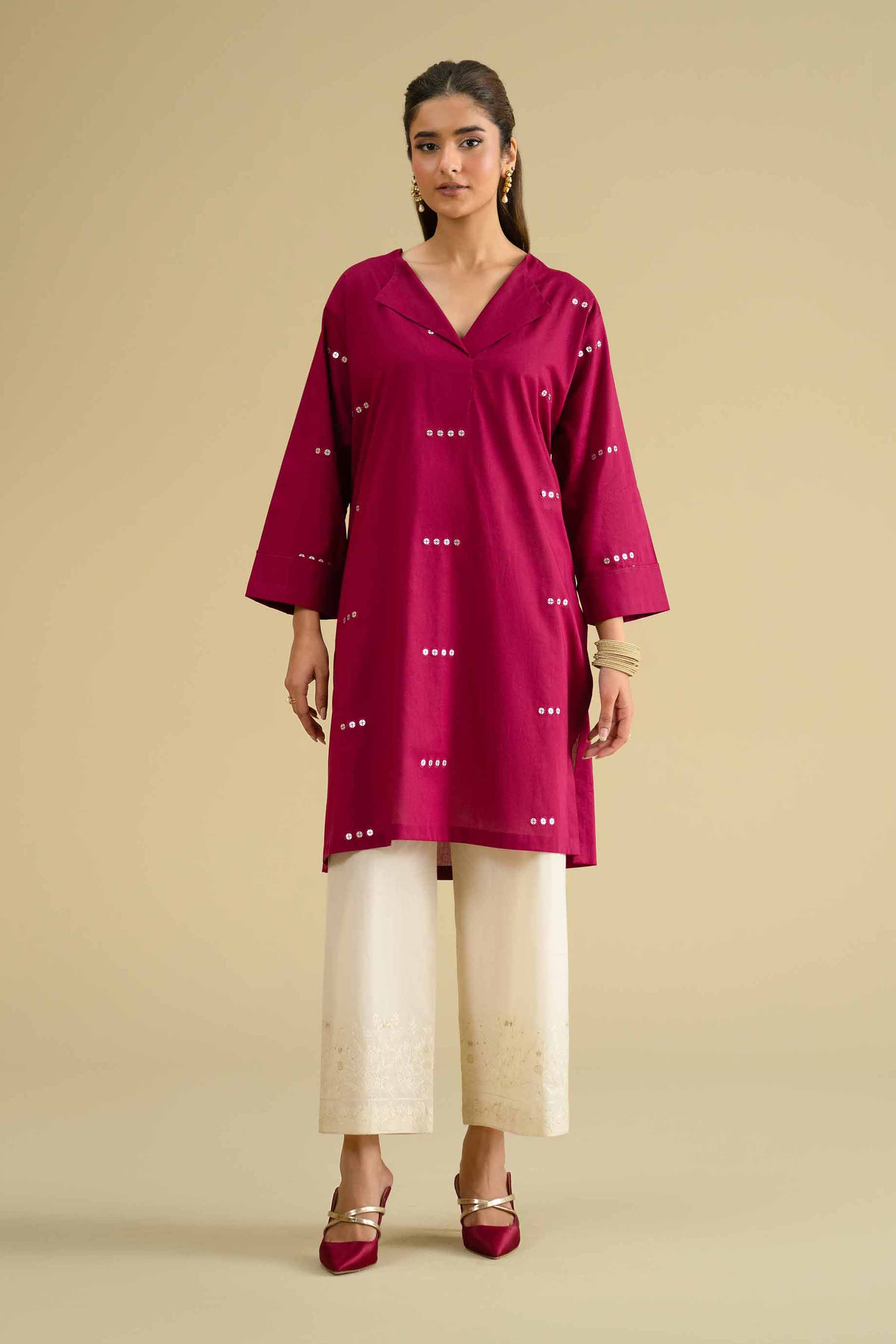 Embroidered Shirt - KFE26-13 Pink Cambric 1PC Embroidered LUXURY