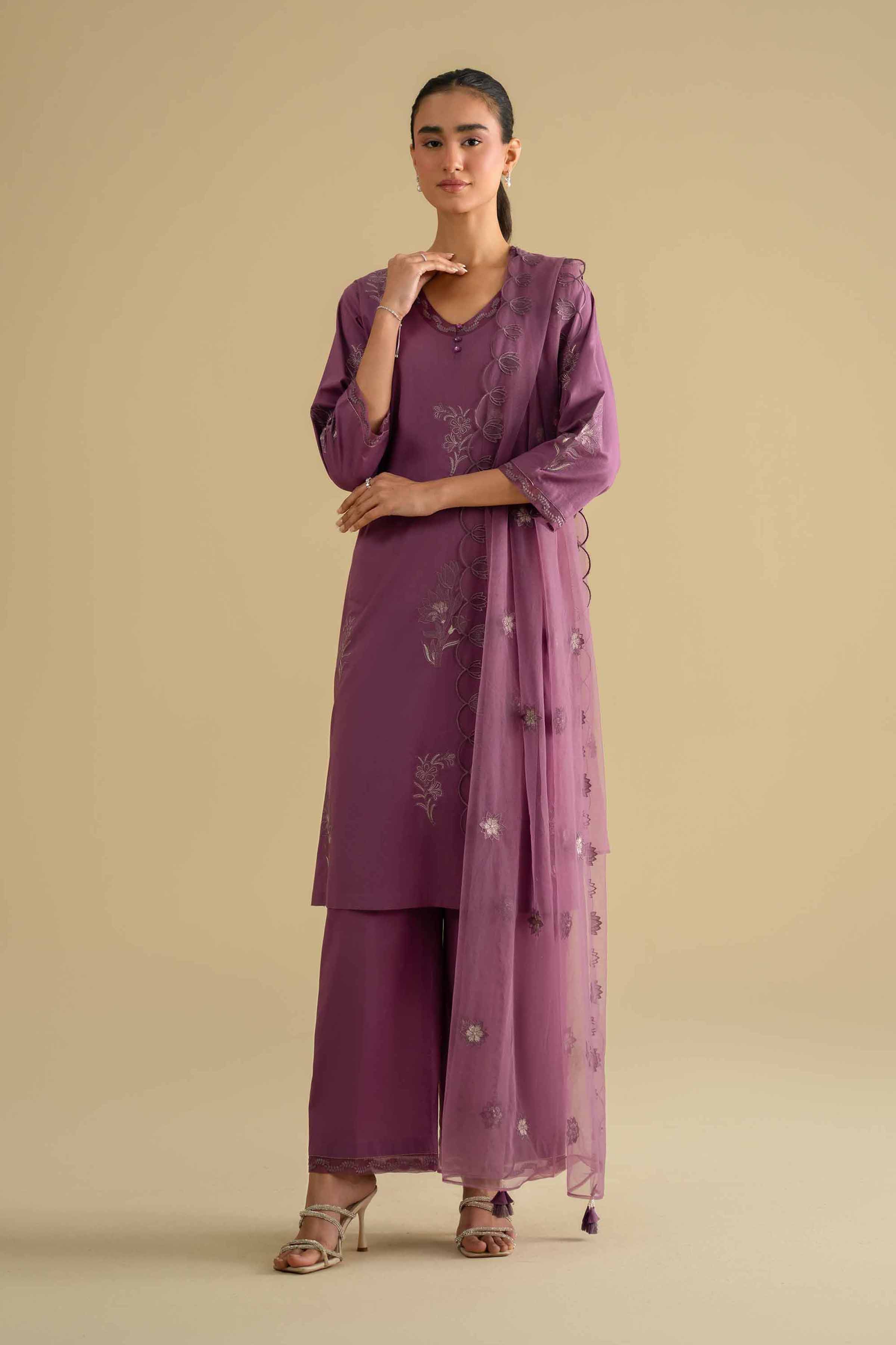 3 Piece - Embroidered Suit - KFE26-131 Purple Cambric 3PC Embroidered