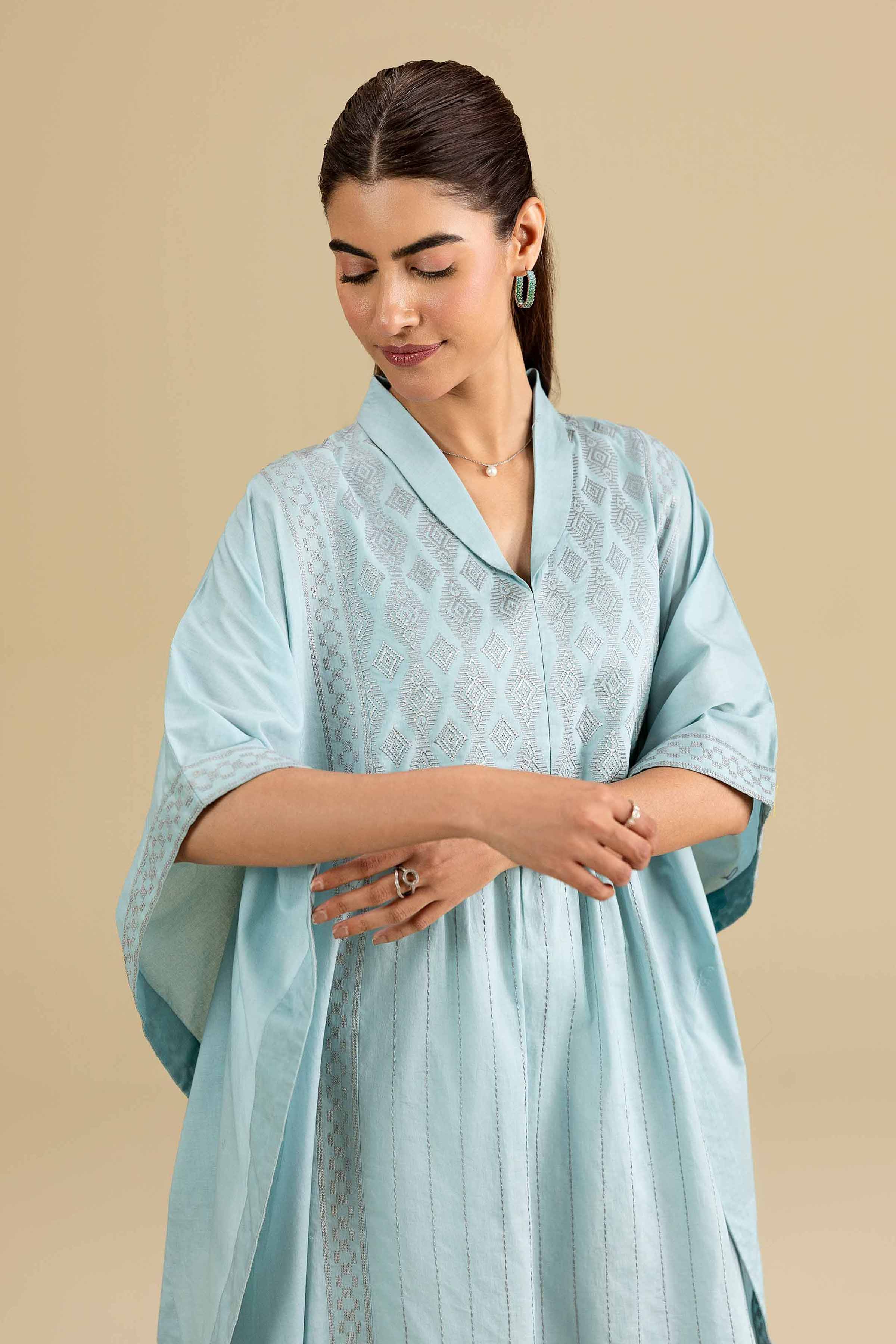 Embroidered Kaftan - KFE26-136 Blue Cambric 1PC Embroidered READY TO WEAR