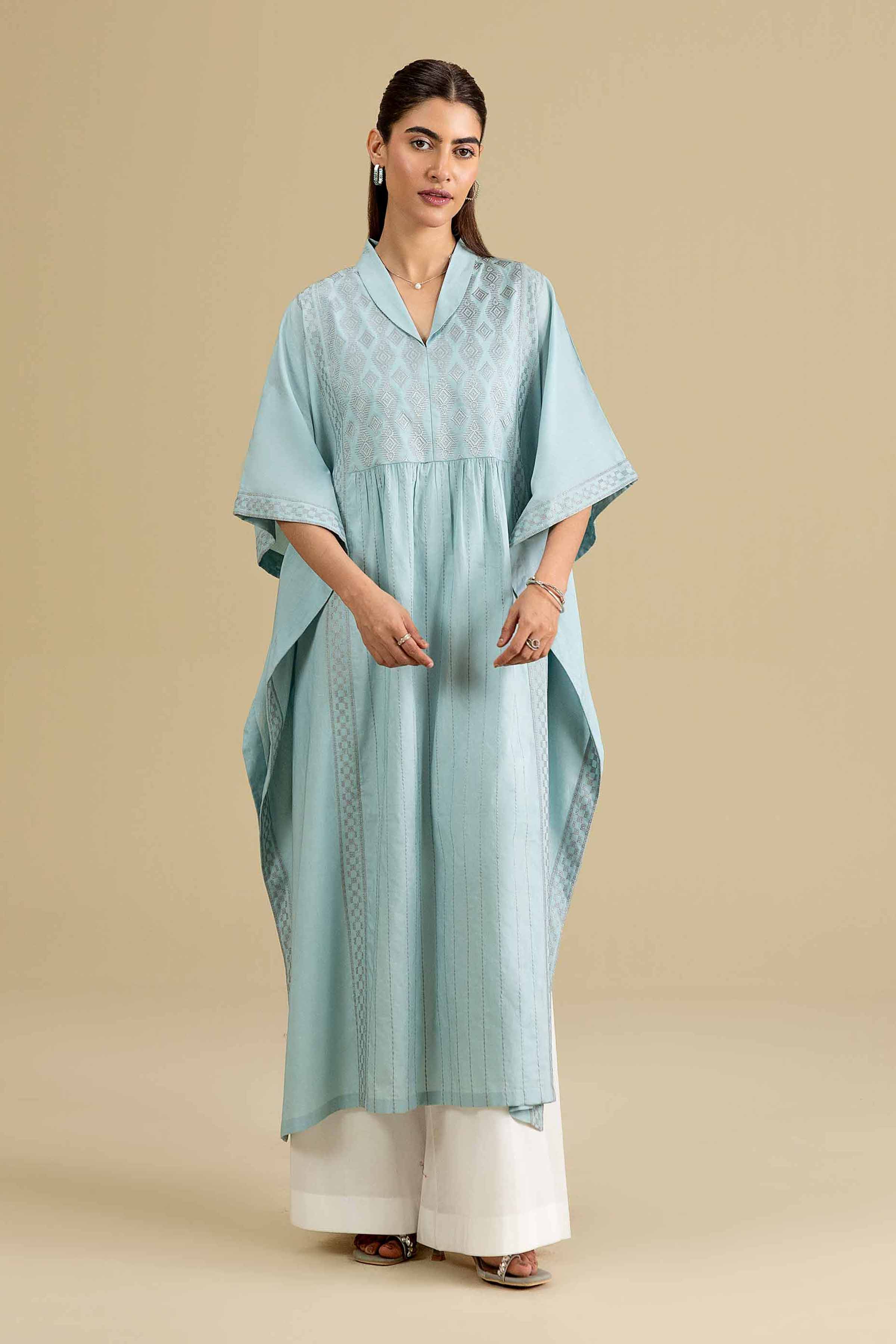 Embroidered Kaftan - KFE26-136 Blue Cambric 1PC Embroidered READY TO WEAR