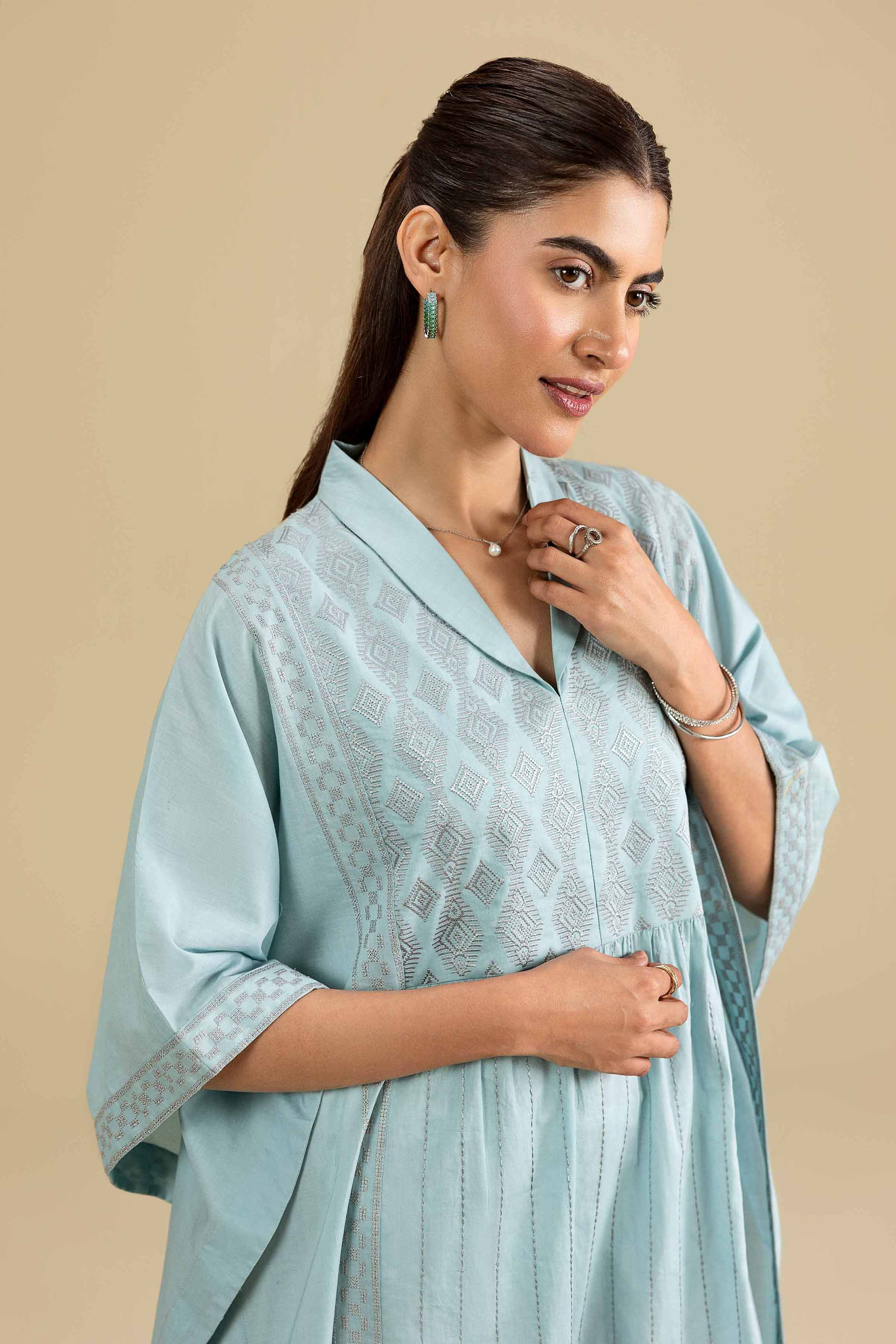 Embroidered Kaftan - KFE26-136 Blue Cambric 1PC Embroidered READY TO WEAR
