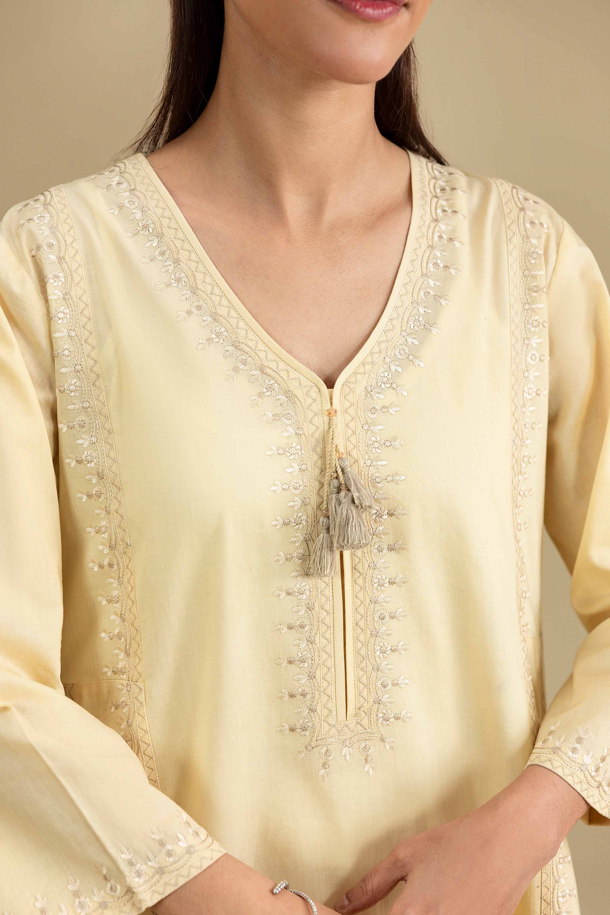 Embroidered Shirt - KFE26-138 Yellow Cambric 1PC Embroidered READY TO WEAR