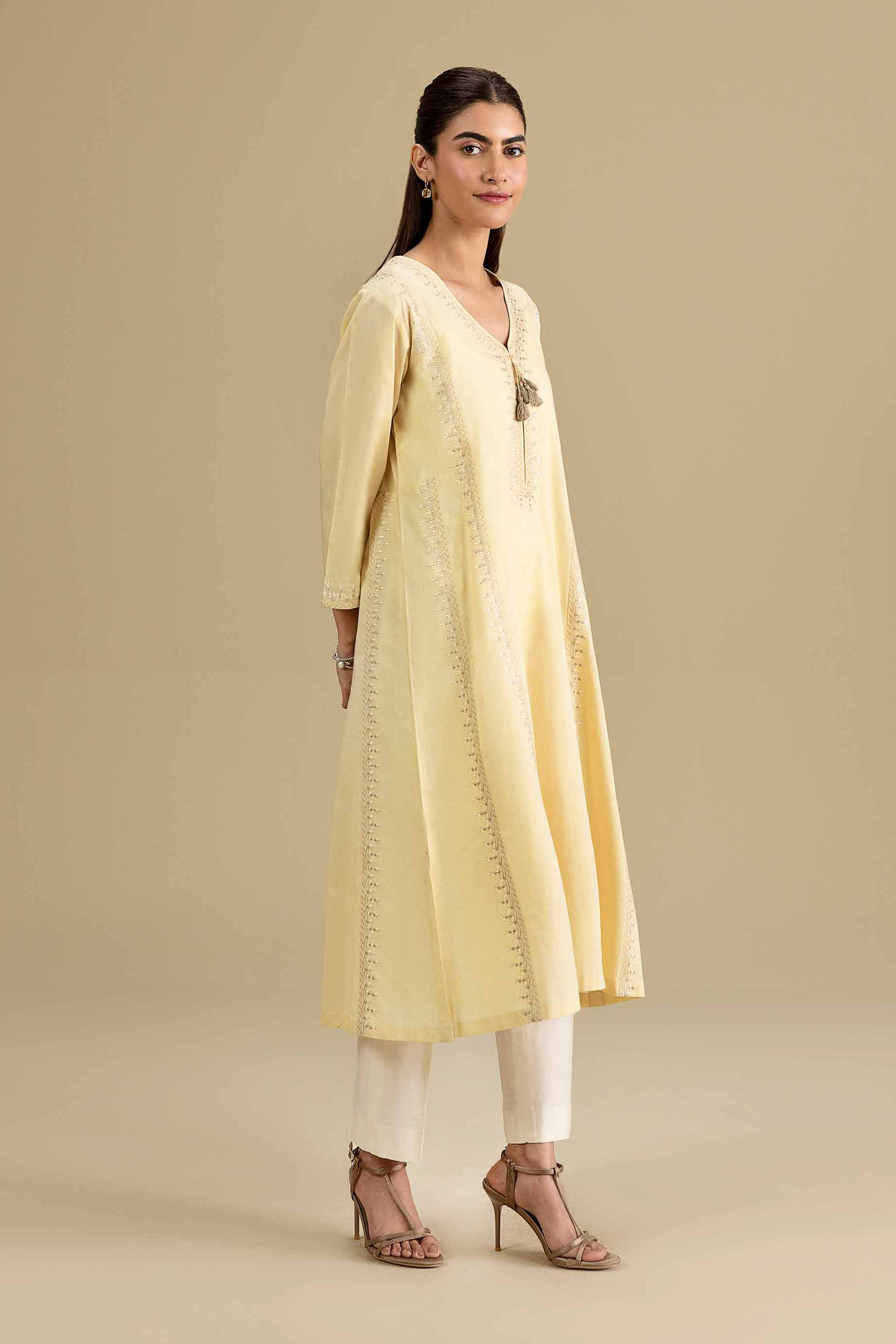 Embroidered Shirt - KFE26-138 Yellow Cambric 1PC Embroidered READY TO WEAR