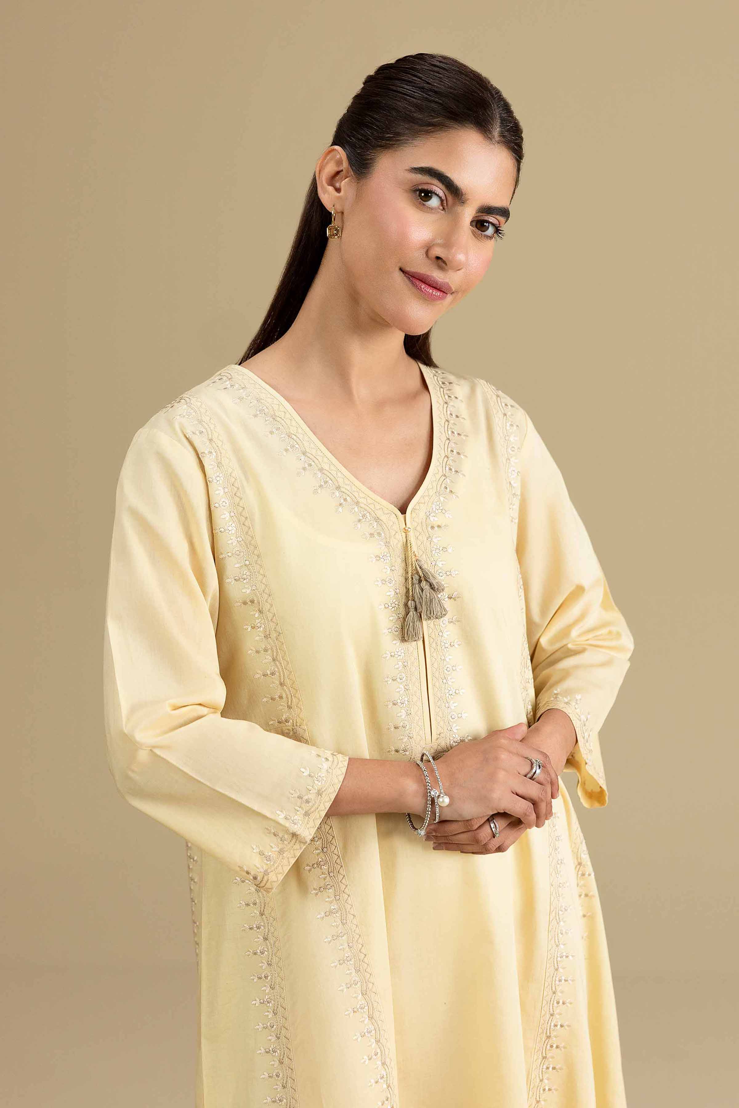 Embroidered Shirt - KFE26-138 Yellow Cambric 1PC Embroidered READY TO WEAR