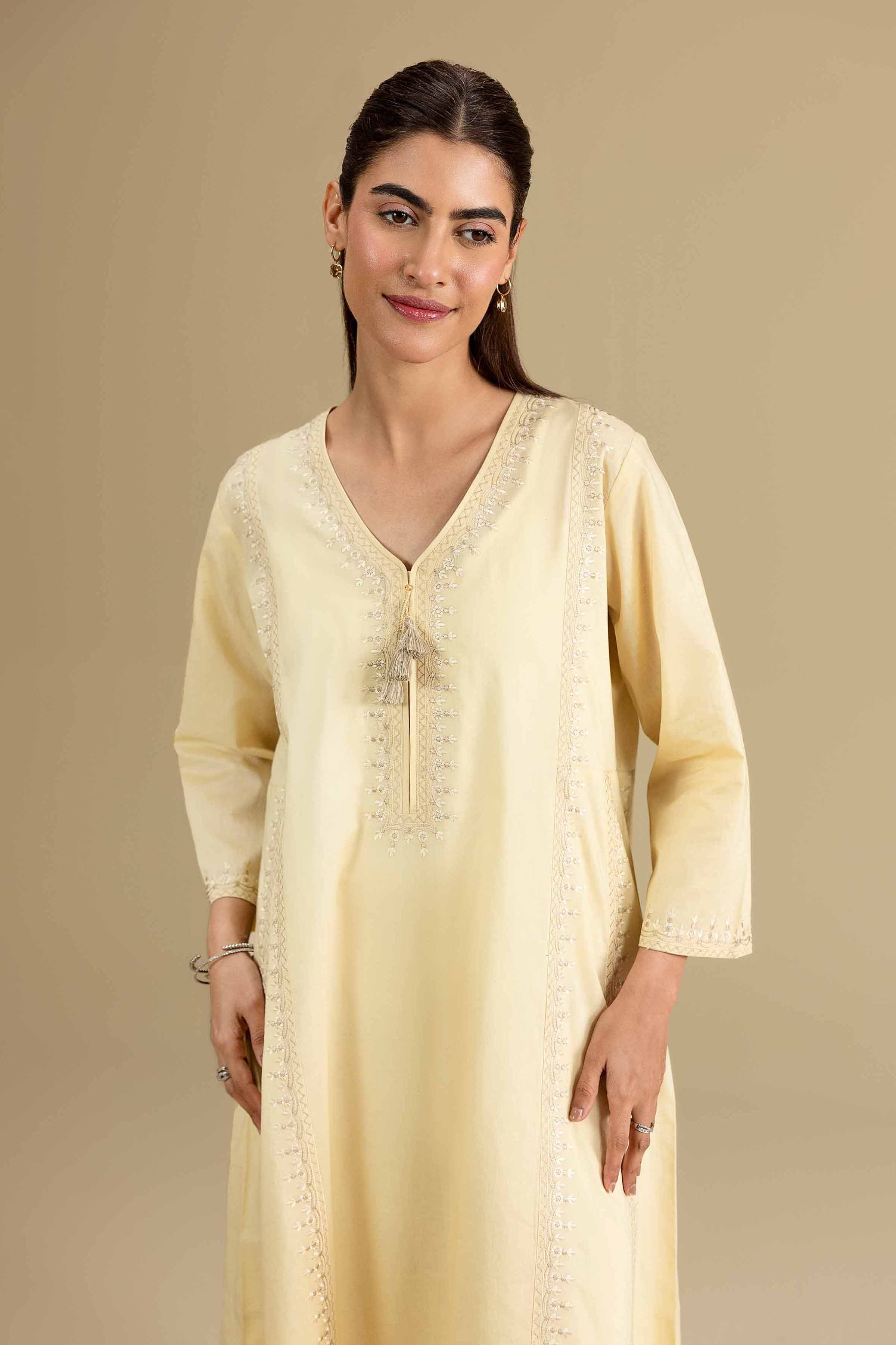 Embroidered Shirt - KFE26-138 Yellow Cambric 1PC Embroidered READY TO WEAR