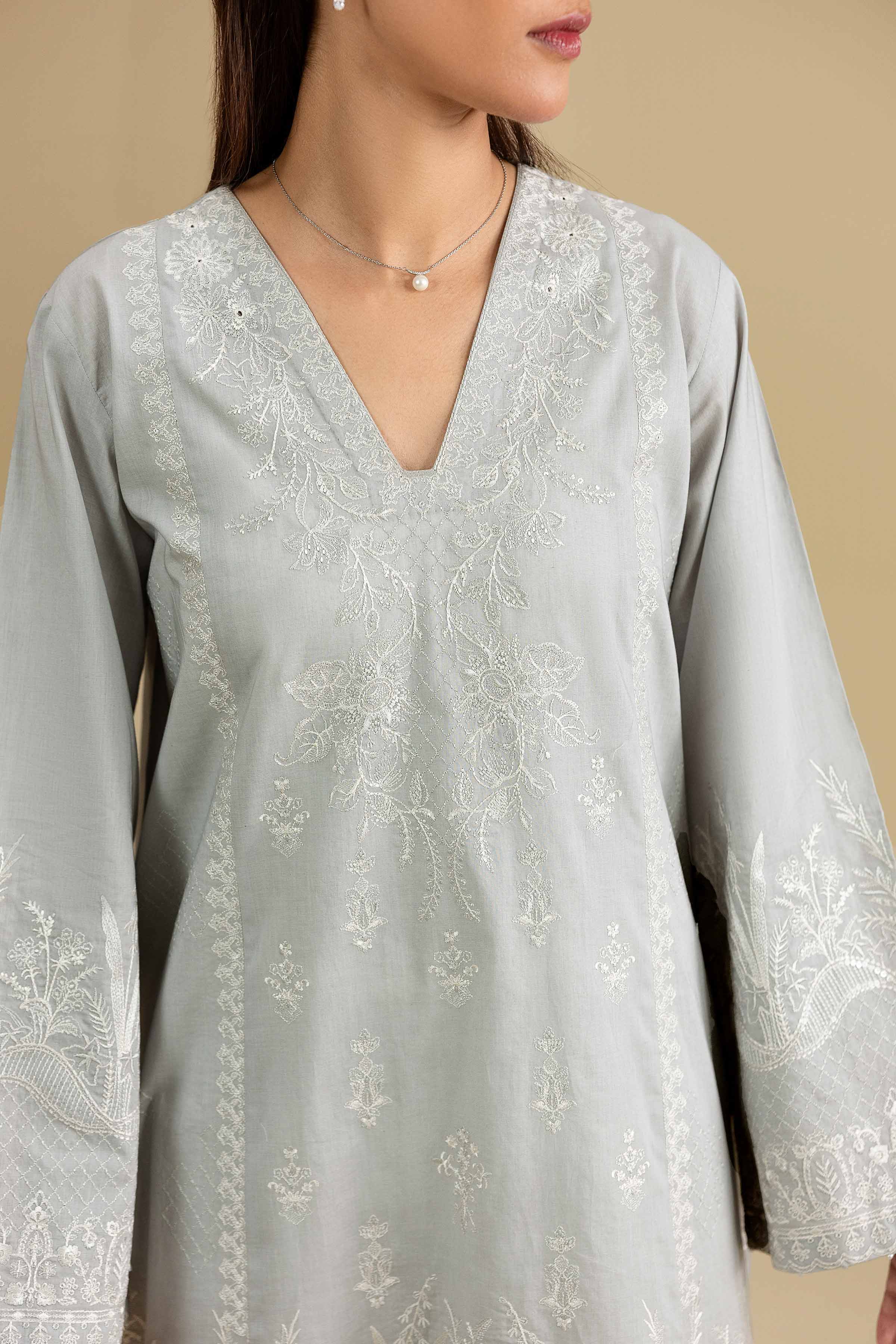 Embroidered Shirt - KFE26-141 Grey Cambric 1PC Embroidered READY TO WEAR