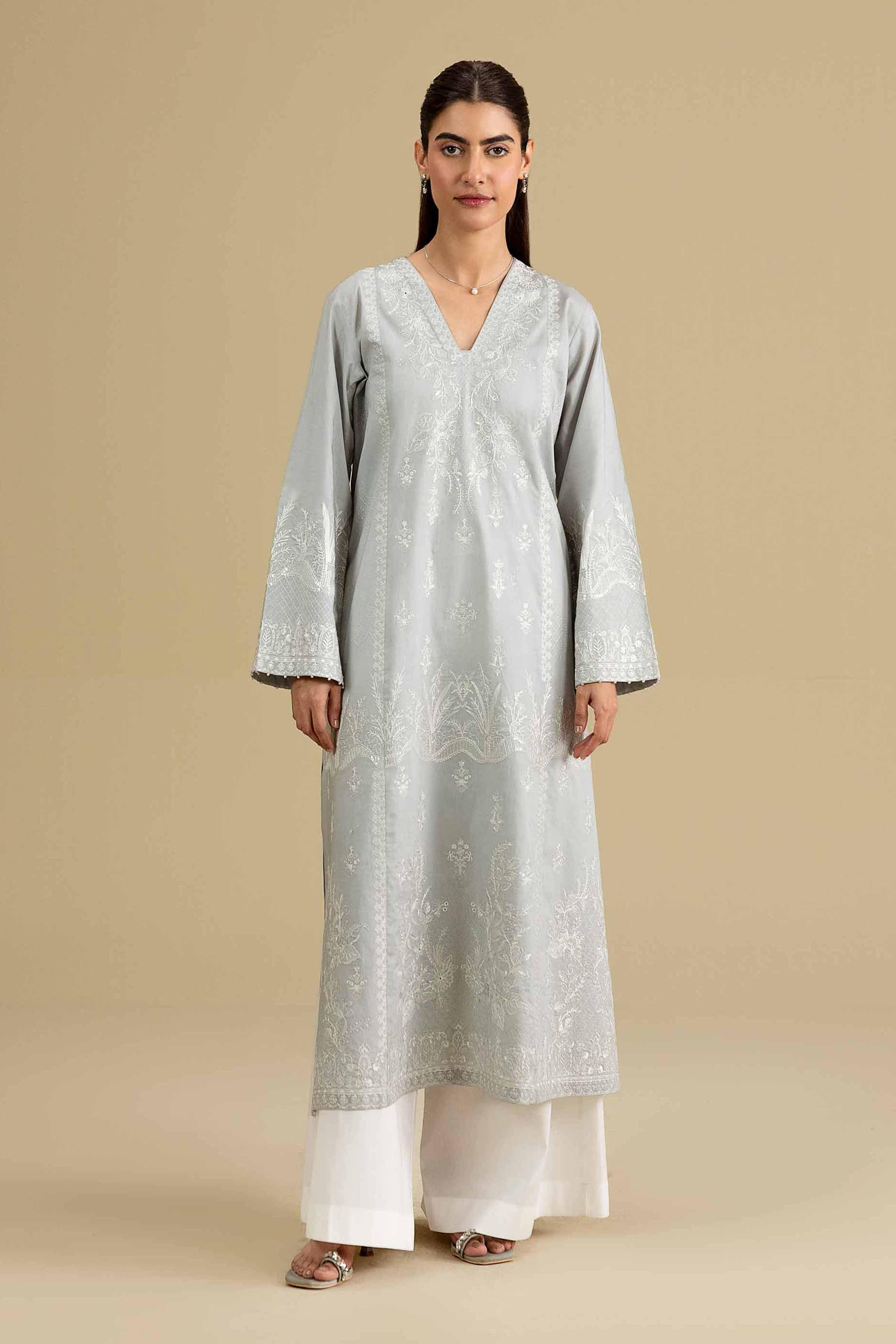 Embroidered Shirt - KFE26-141 Grey Cambric 1PC Embroidered READY TO WEAR
