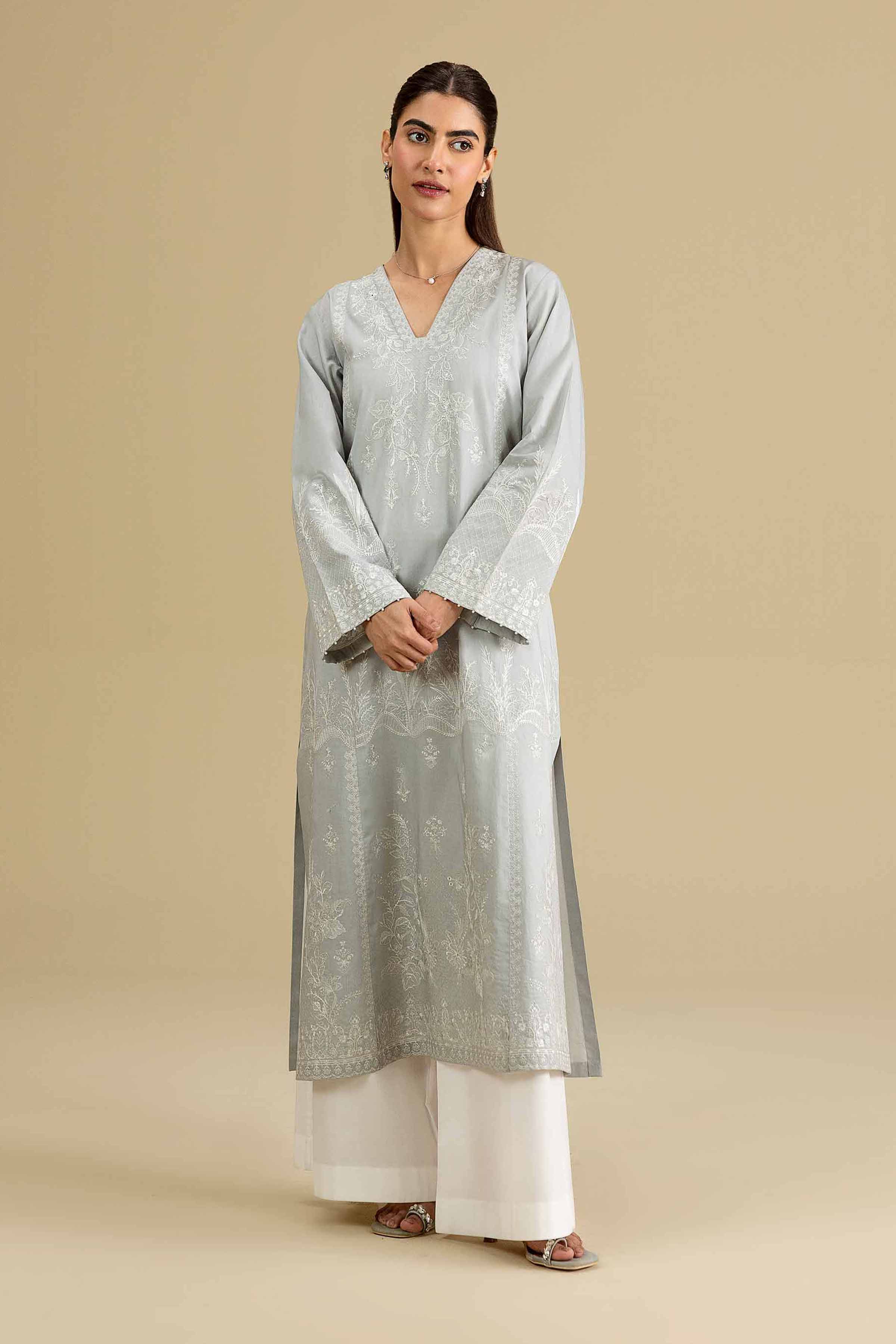 Embroidered Shirt - KFE26-141 Grey Cambric 1PC Embroidered READY TO WEAR