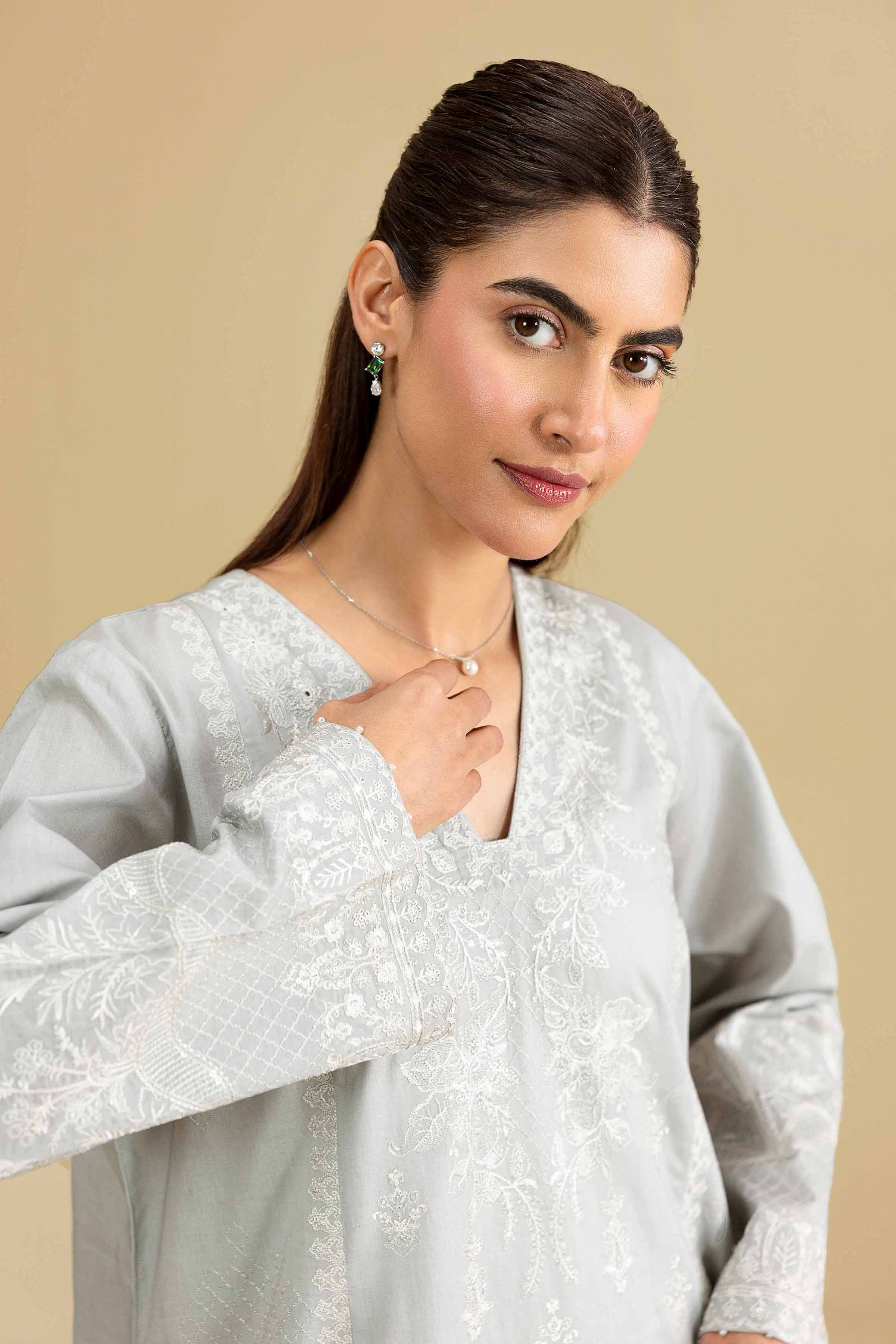Embroidered Shirt - KFE26-141 Grey Cambric 1PC Embroidered READY TO WEAR