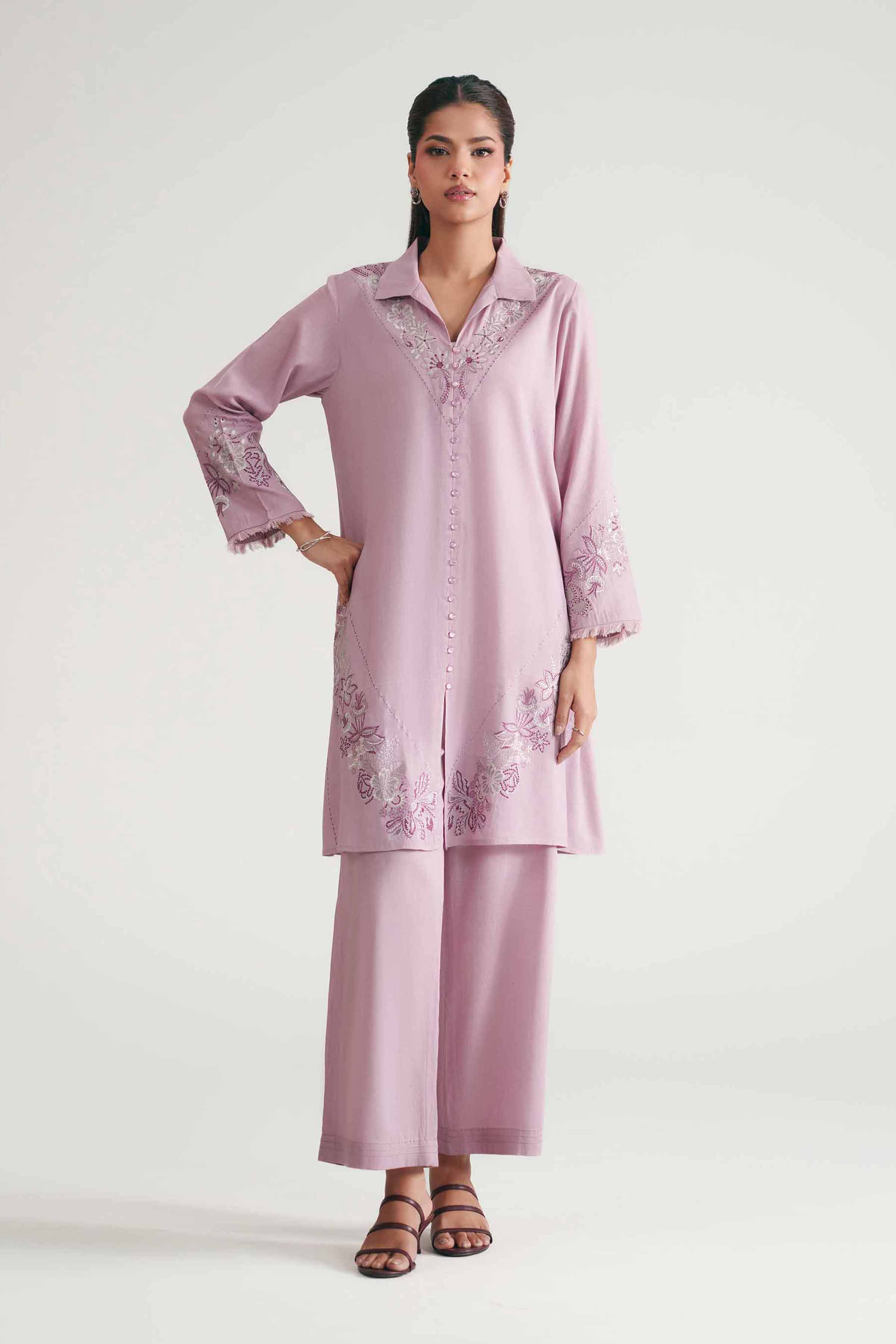 2 Piece - Embroidered Suit - KFE26-152 Purple Cotton Embroidered Straight shirt
