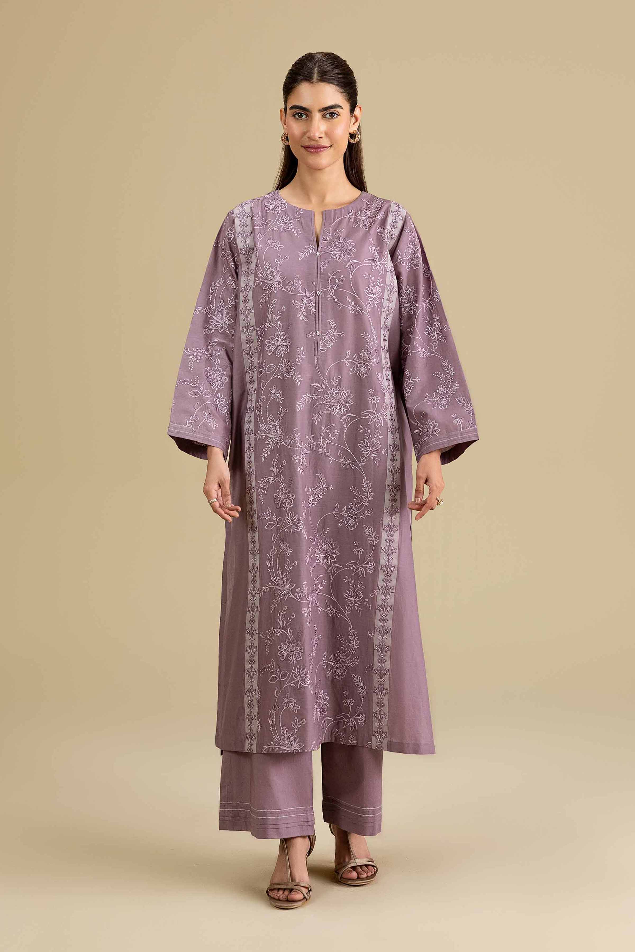 2 Piece - Embroidered Suit - KFE26-159 Purple Cambric 2PC Embroidered READY TO WEAR