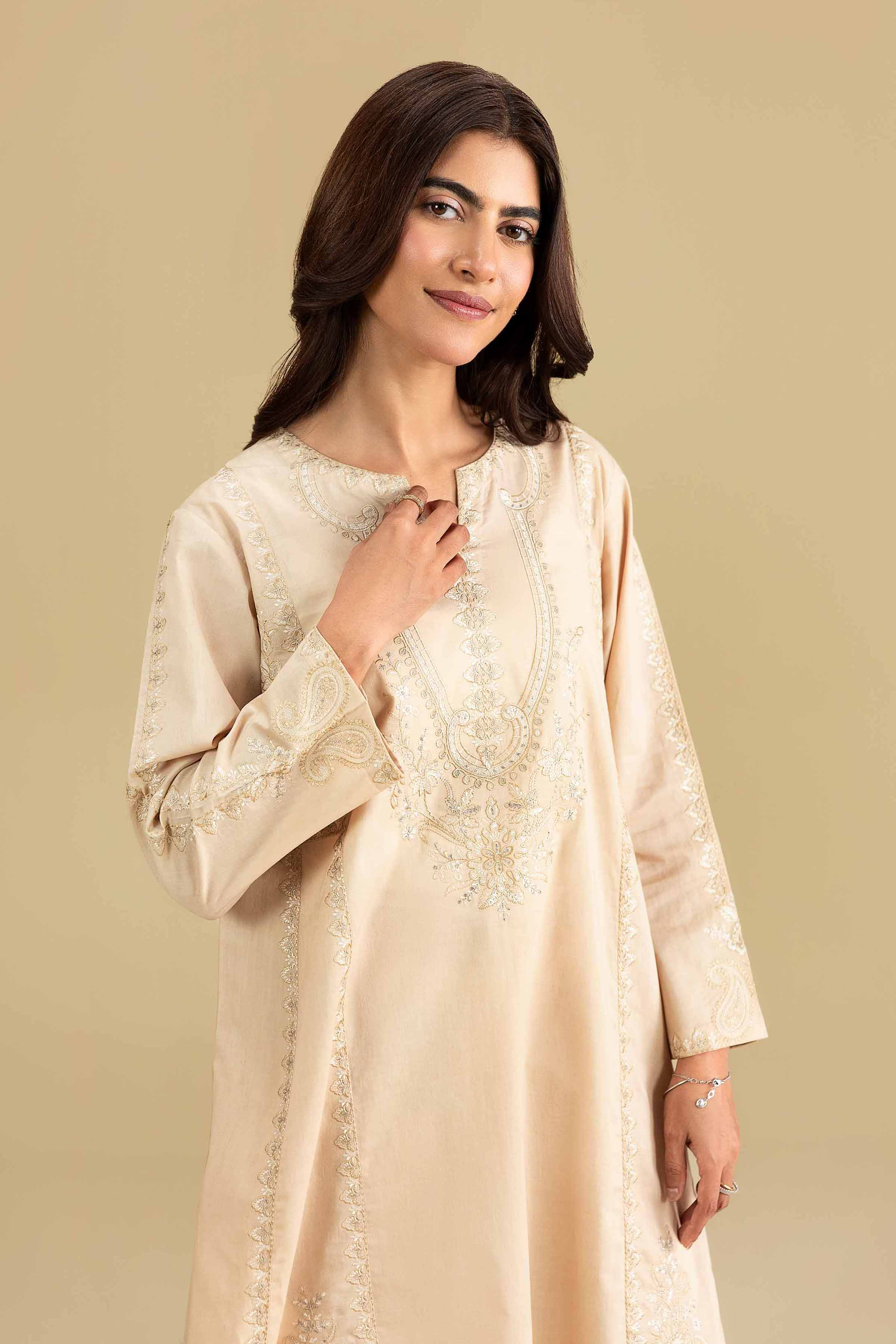 2 Piece - Embroidered Suit - KFE26-161 Beige Cambric 2PC Embroidered READY TO WEAR
