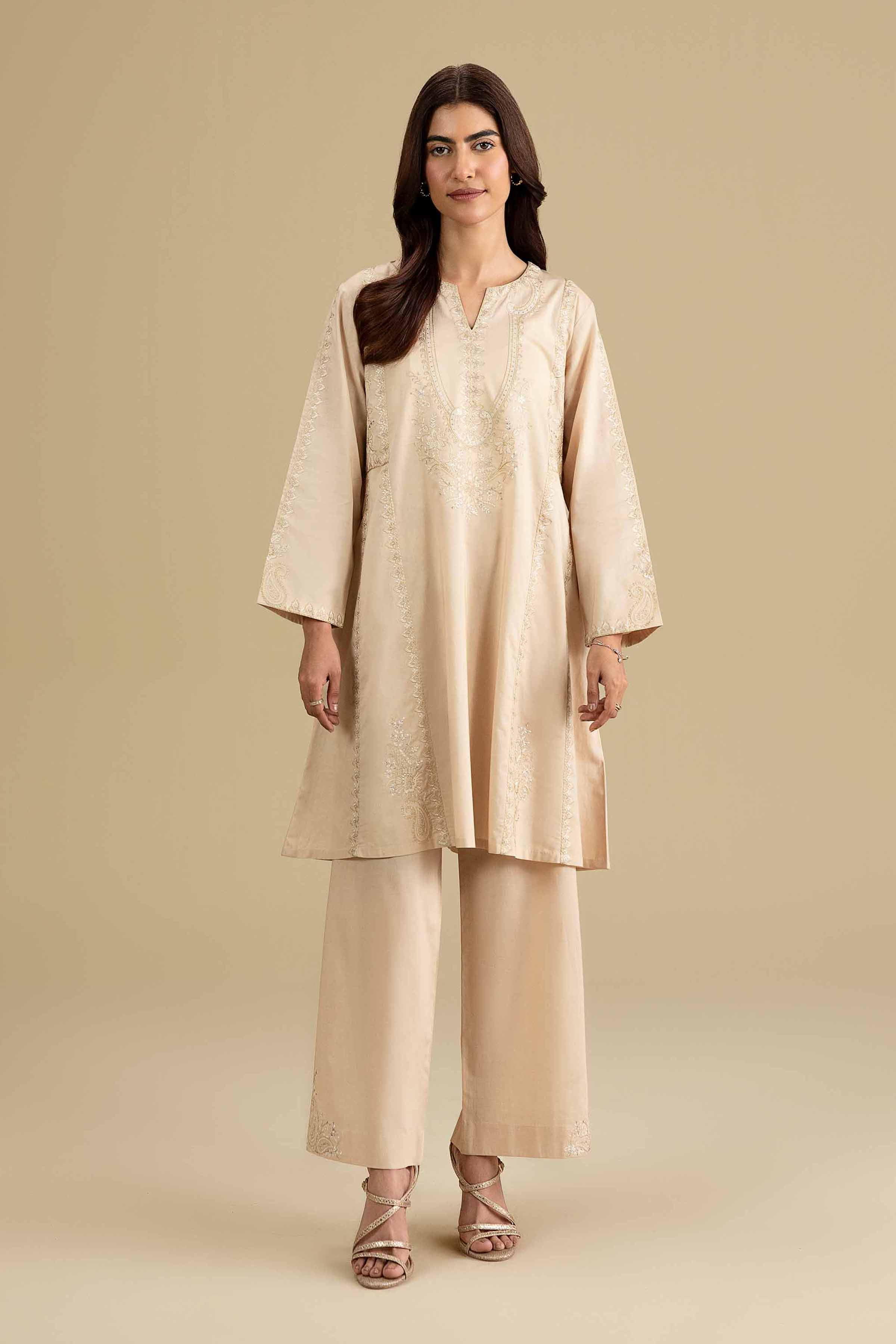 2 Piece - Embroidered Suit - KFE26-161 Beige Cambric 2PC Embroidered READY TO WEAR