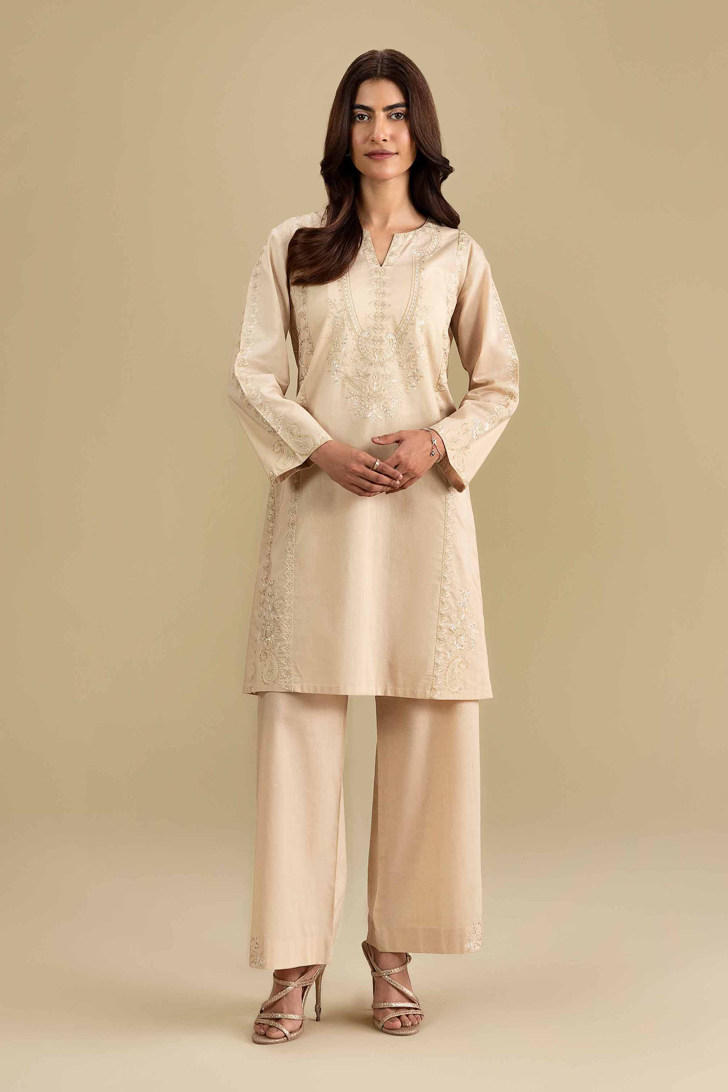 2 Piece - Embroidered Suit - KFE26-161 Beige Cambric 2PC Embroidered READY TO WEAR