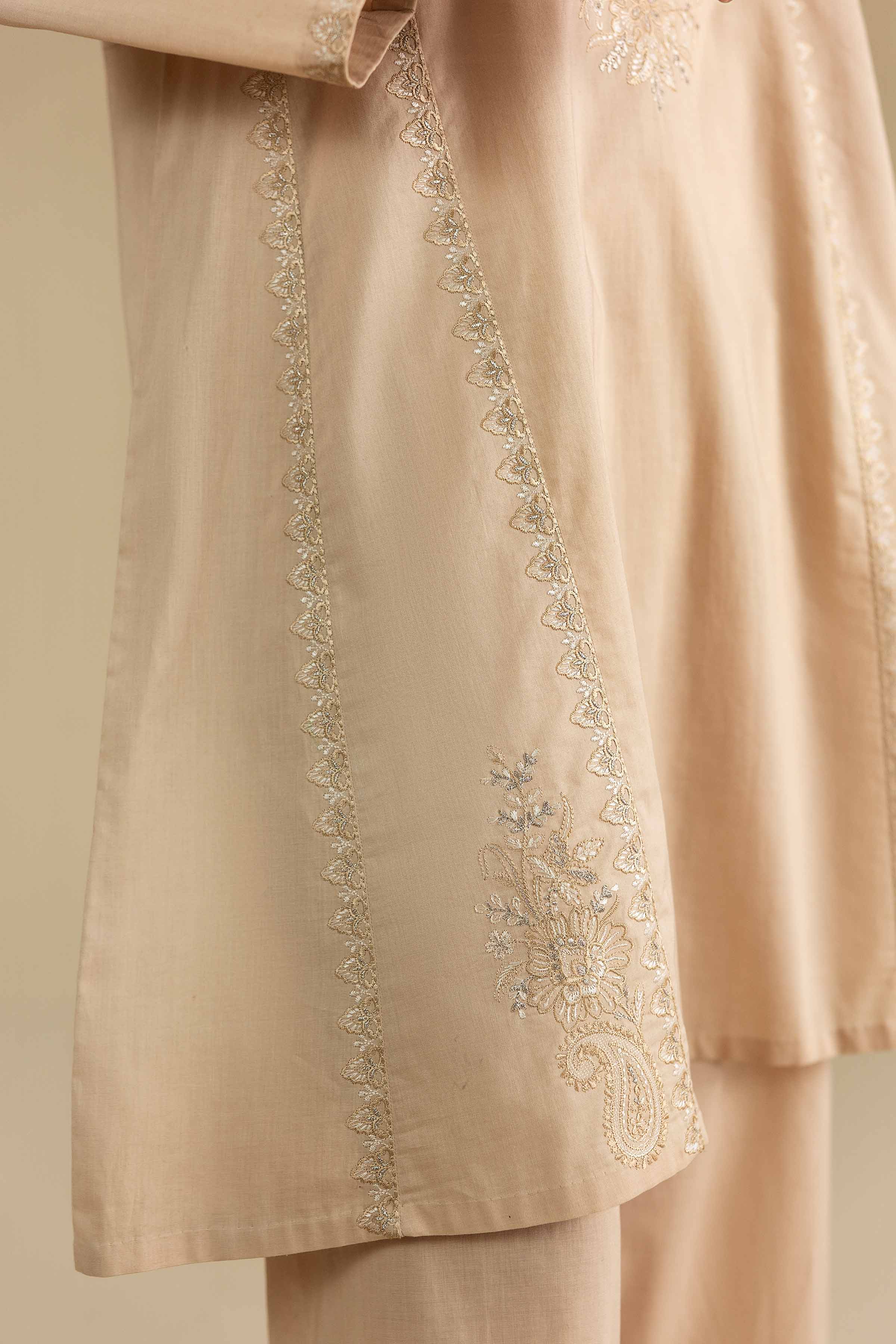 2 Piece - Embroidered Suit - KFE26-161 Beige Cambric 2PC Embroidered READY TO WEAR