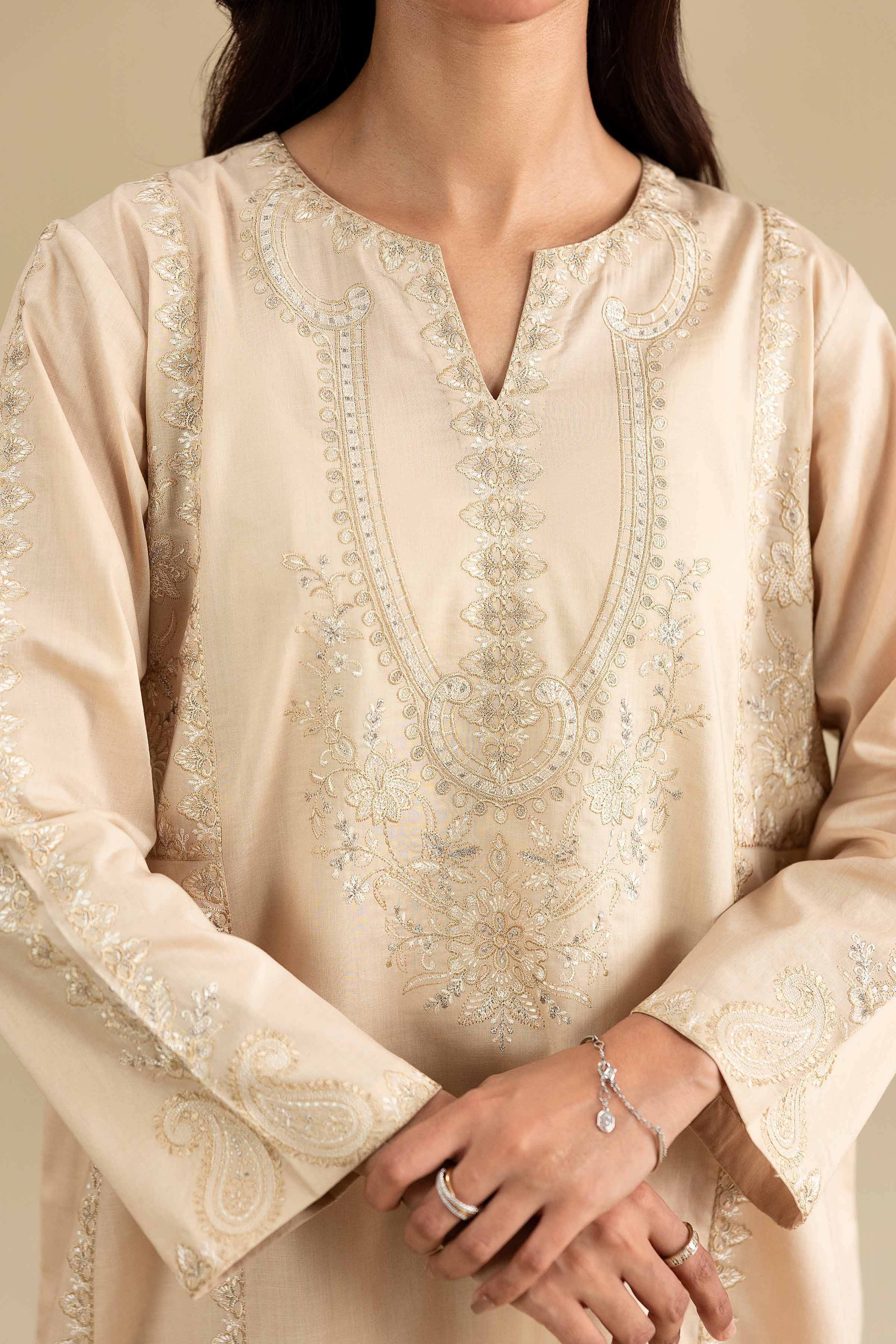 2 Piece - Embroidered Suit - KFE26-161 Beige Cambric 2PC Embroidered READY TO WEAR