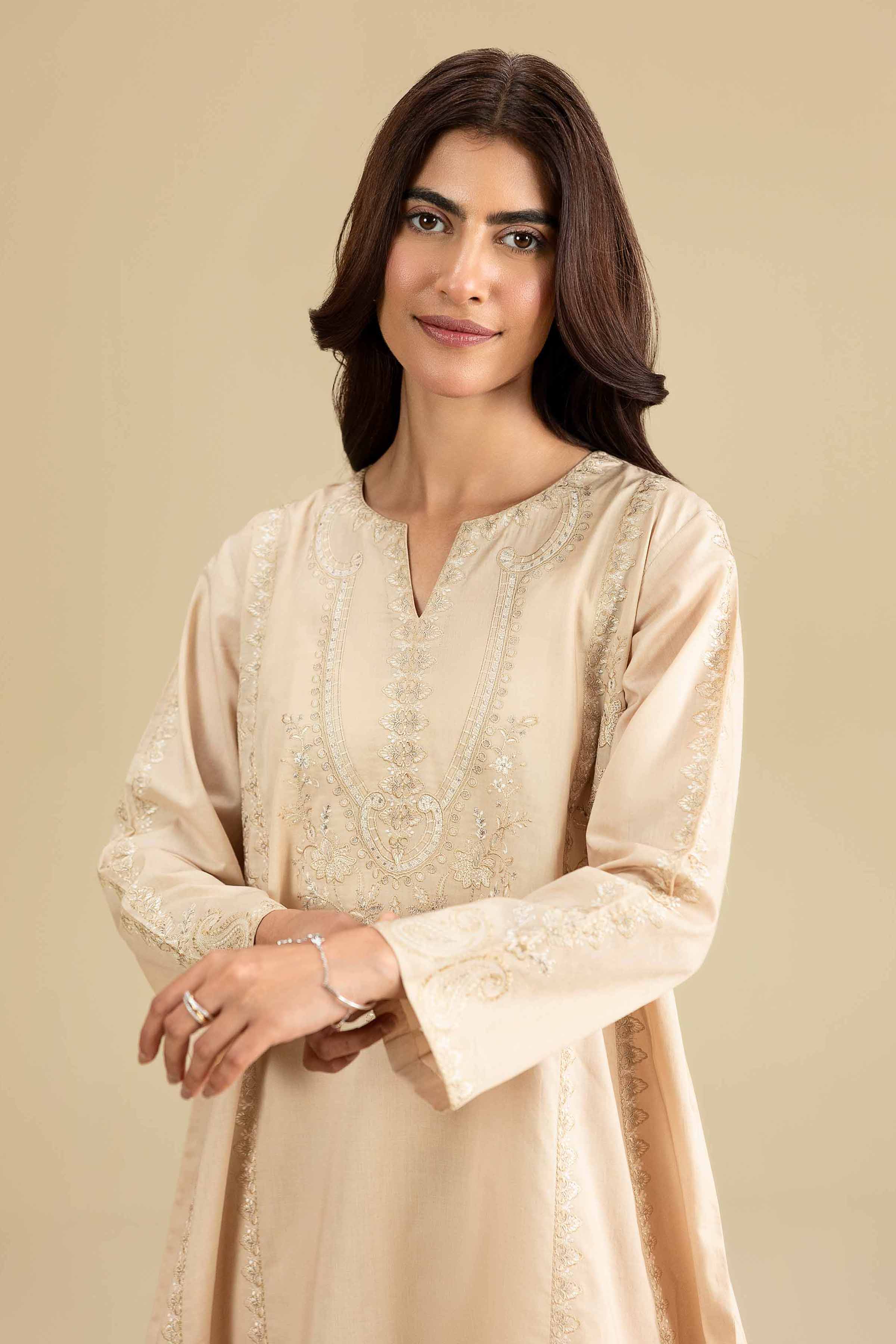 2 Piece - Embroidered Suit - KFE26-161 Beige Cambric 2PC Embroidered READY TO WEAR