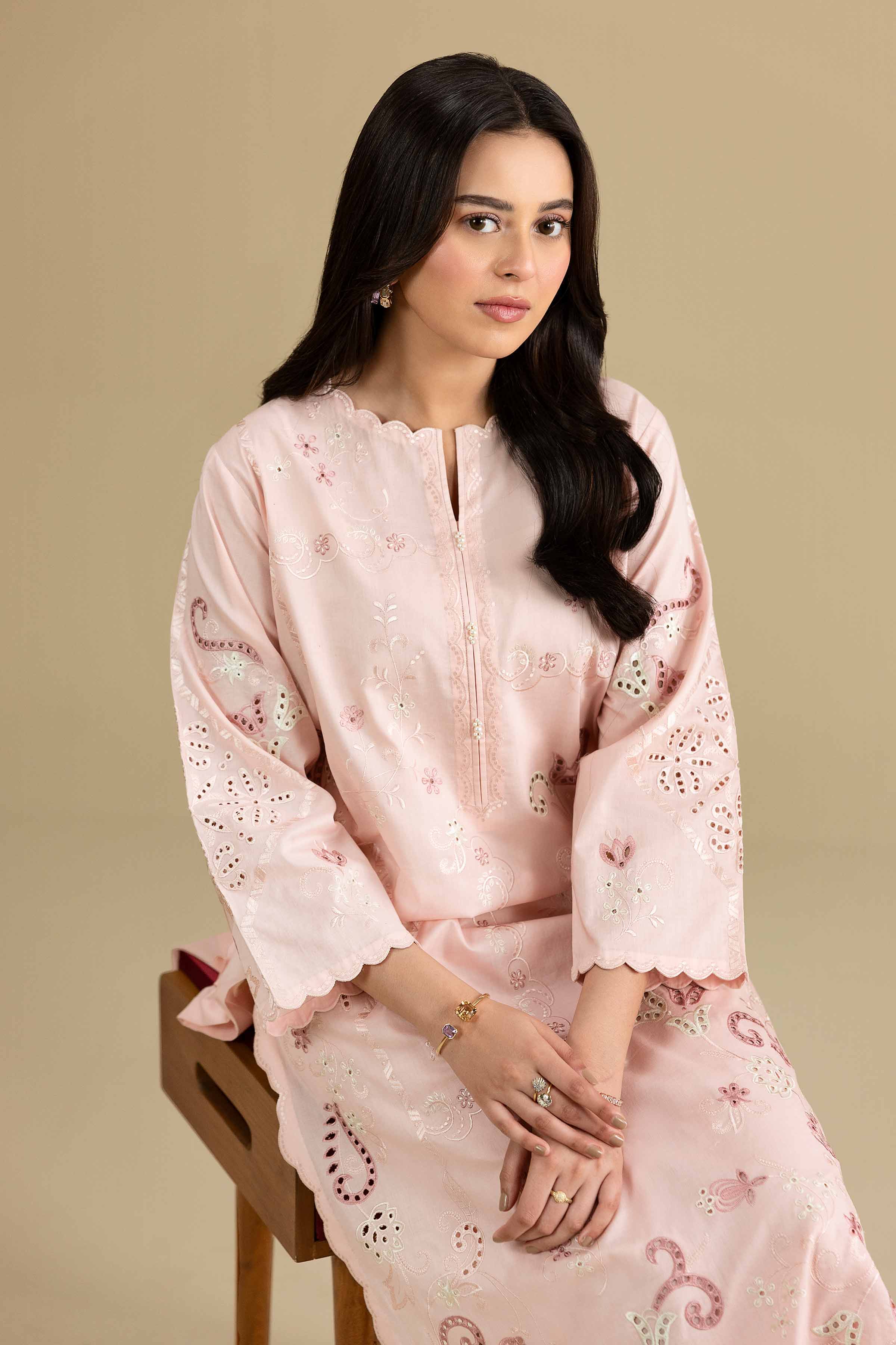 2 Piece - Embroidered Suit - KFE26-164 Pink Cambric 2PC Embroidered READY TO WEAR