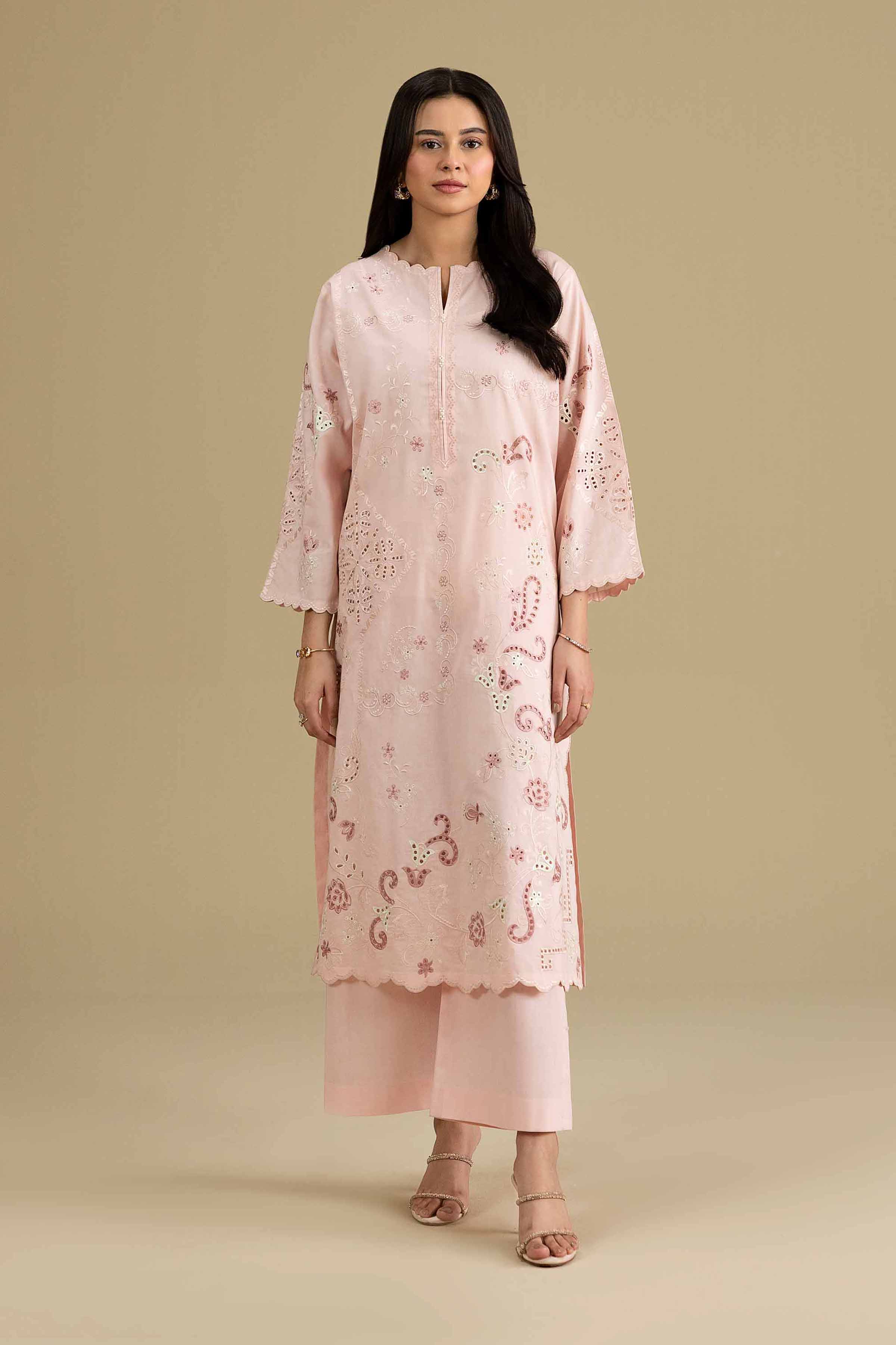 2 Piece - Embroidered Suit - KFE26-164 Pink Cambric 2PC Embroidered READY TO WEAR