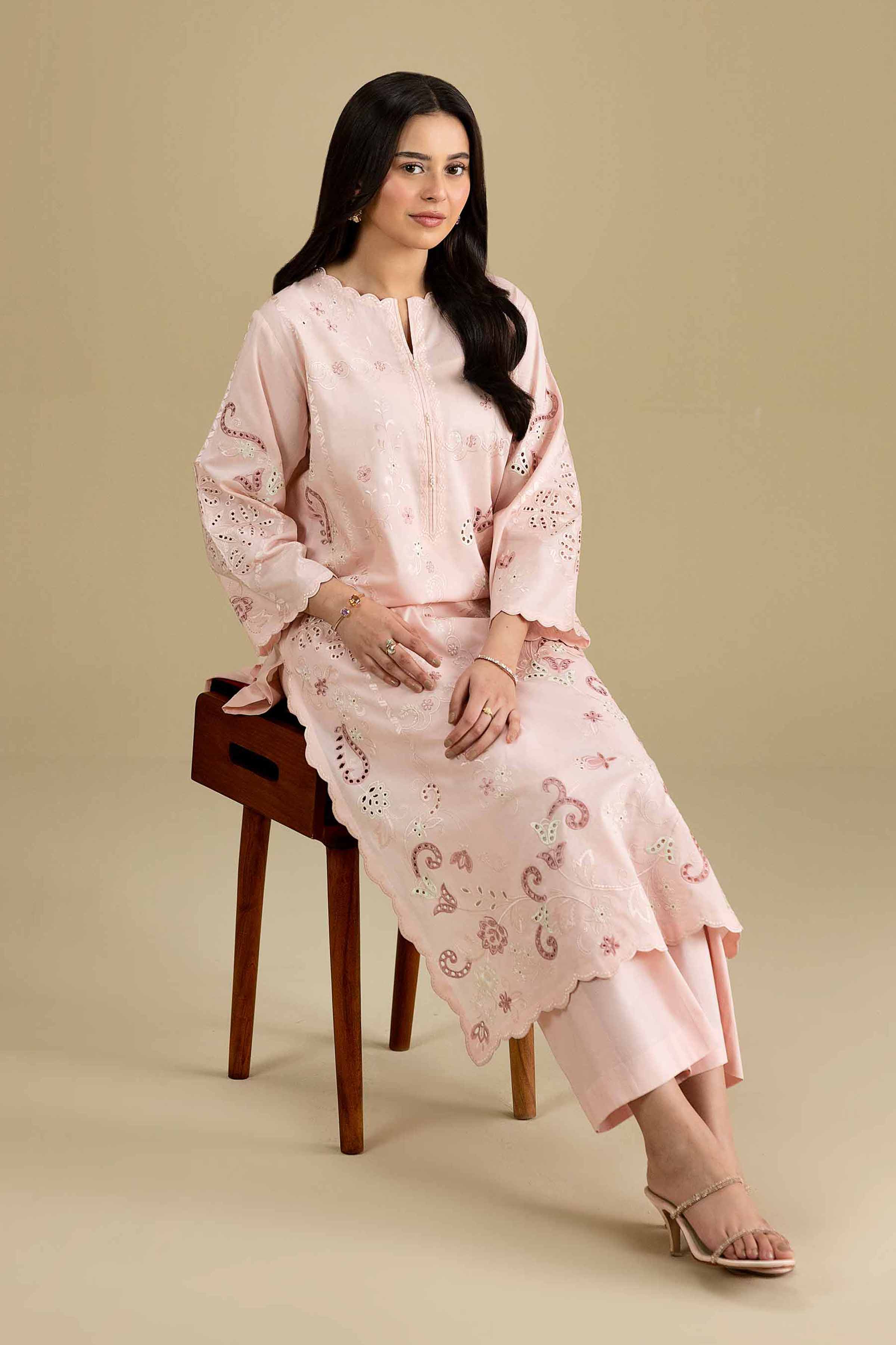 2 Piece - Embroidered Suit - KFE26-164 Pink Cambric 2PC Embroidered READY TO WEAR