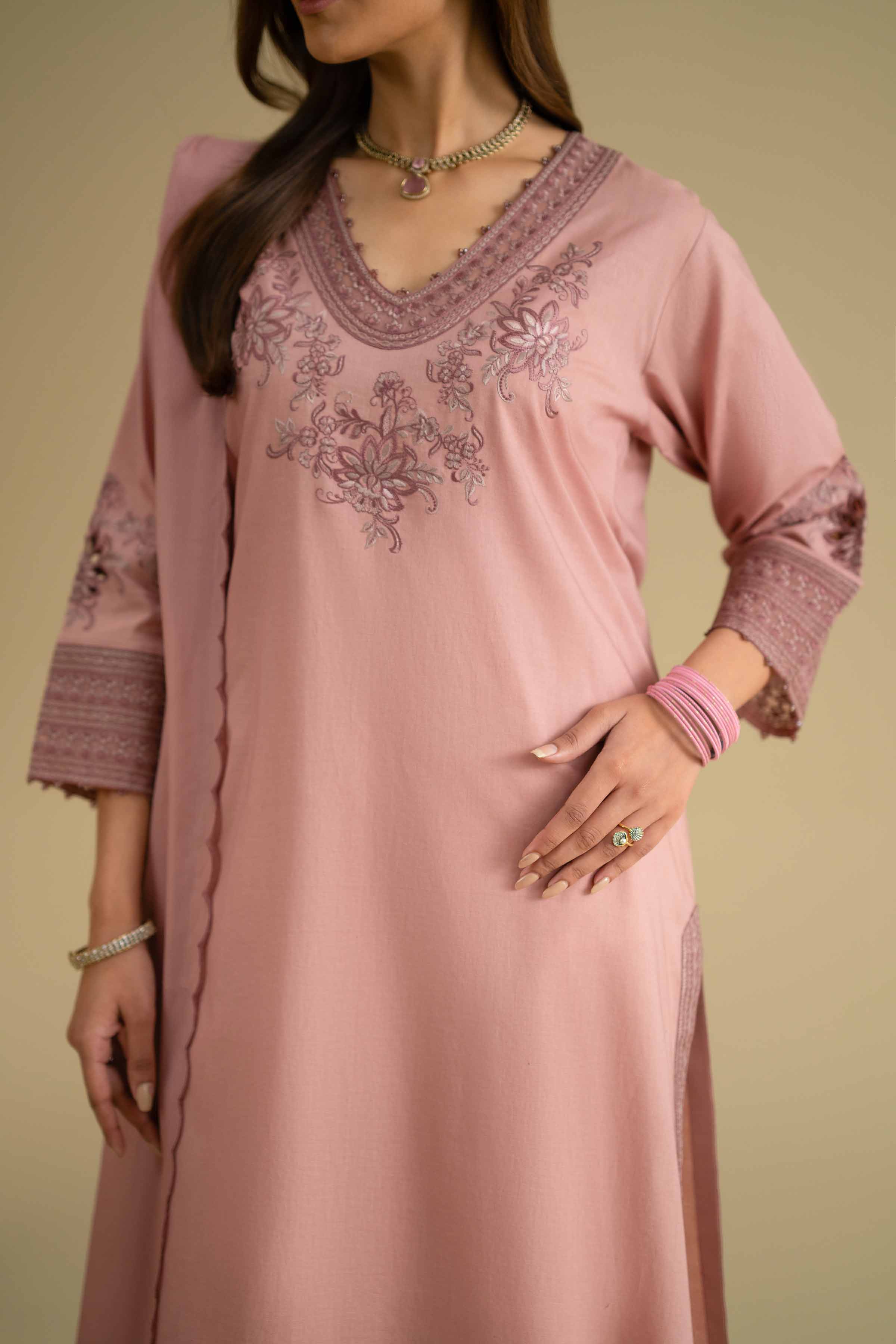 2 Piece - Embroidered Suit - KFE26-17 Pink Cambric 2PC Embroidered LUXURY