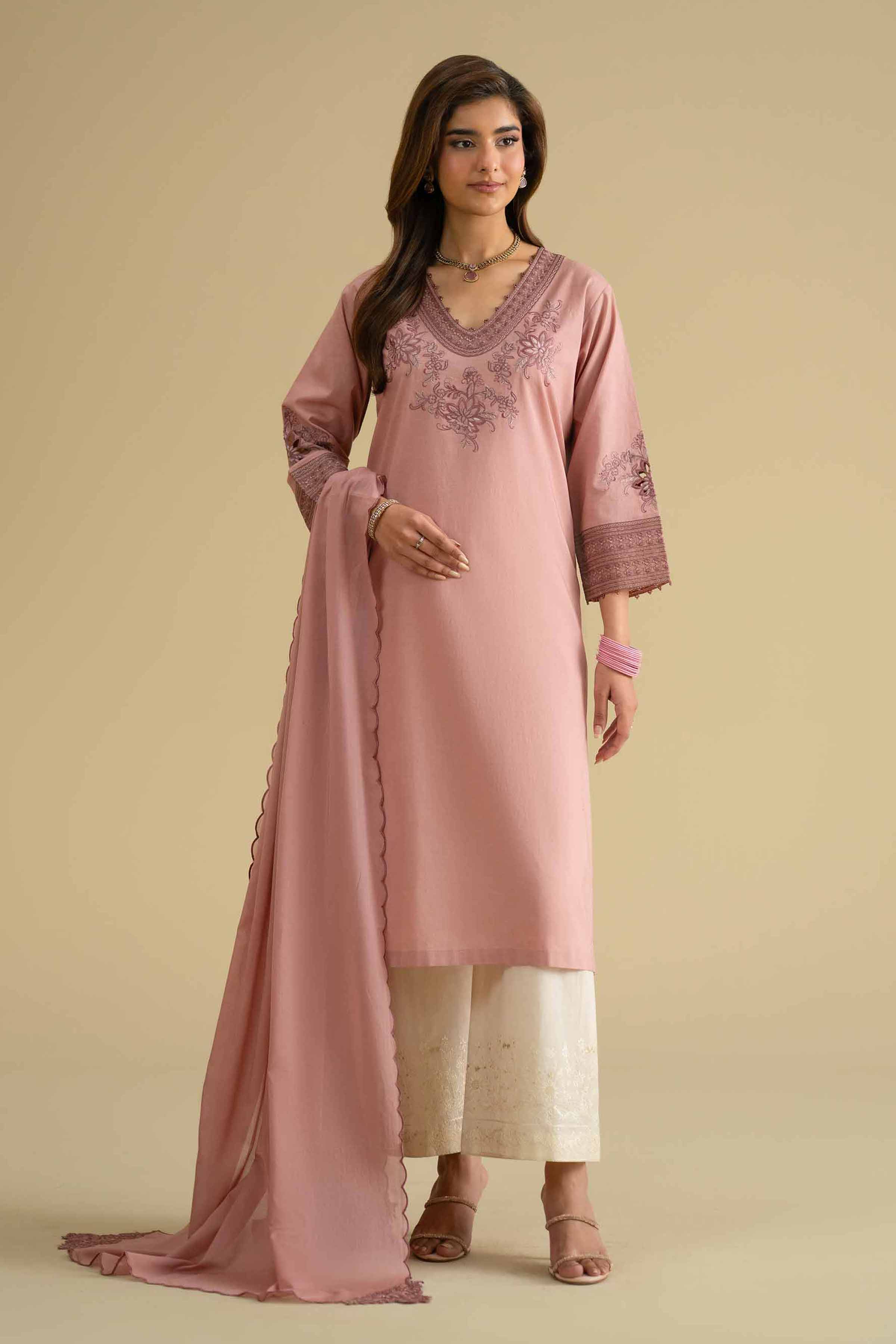 2 Piece - Embroidered Suit - KFE26-17 Pink Cambric 2PC Embroidered LUXURY