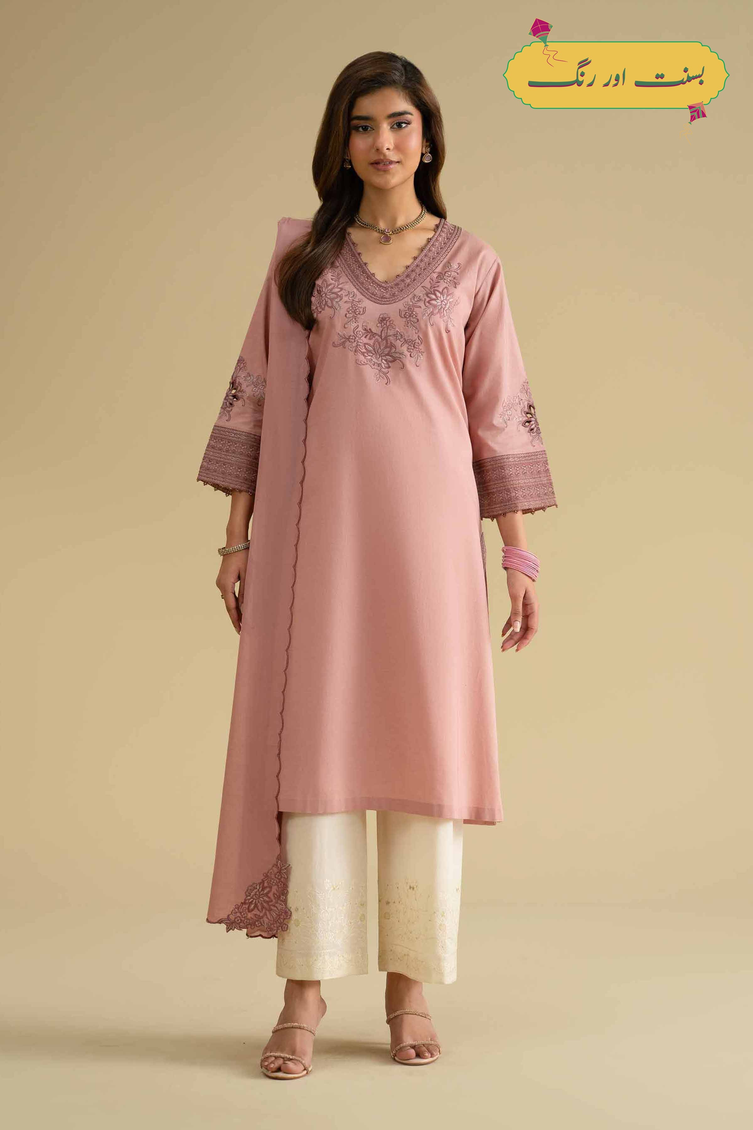2 Piece - Embroidered Suit - KFE26-17 Pink Cambric 2PC Embroidered LUXURY