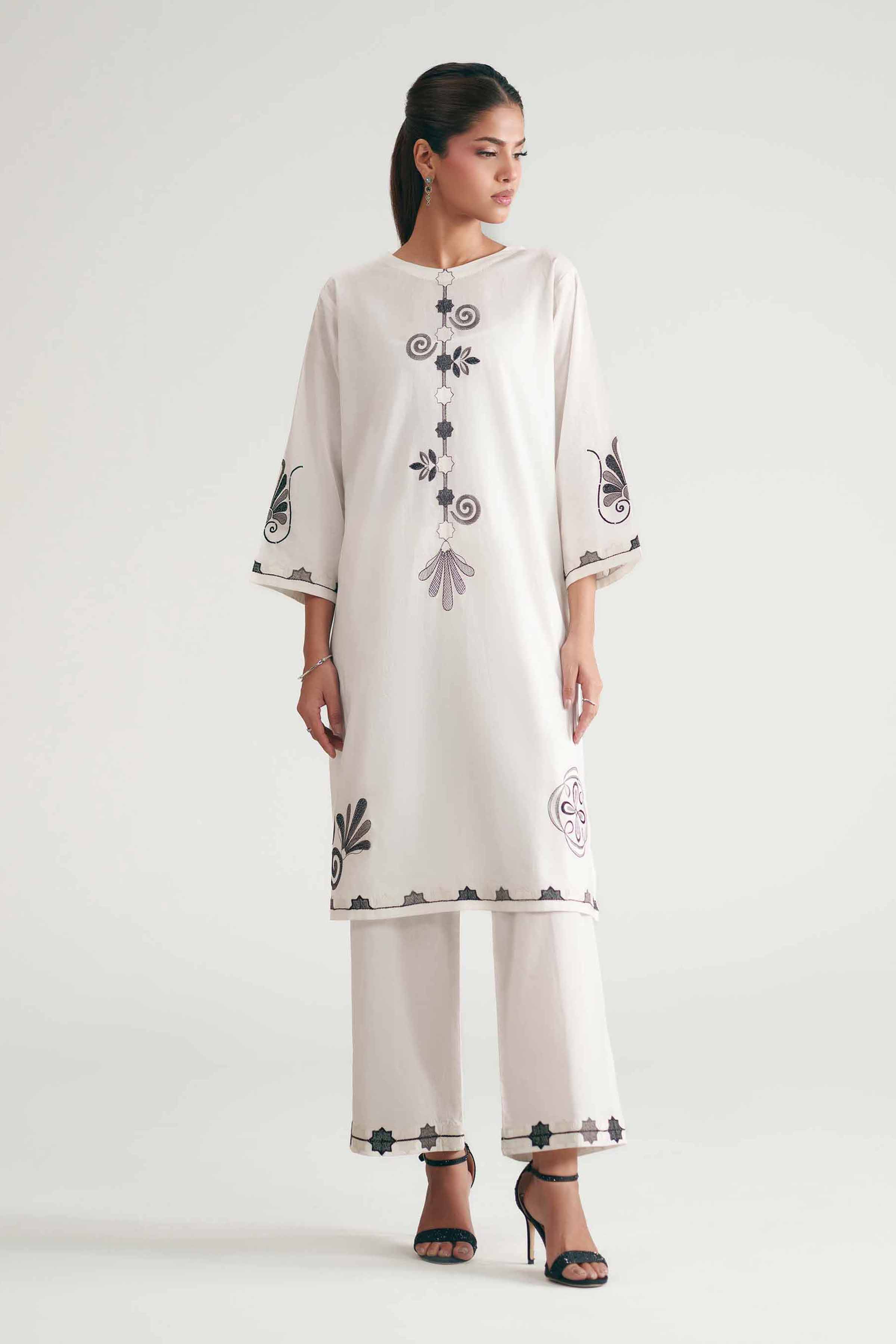 2 Piece - Embroidered Suit - KFE26-171 White Cambric 2PC Embroidered READY TO WEAR