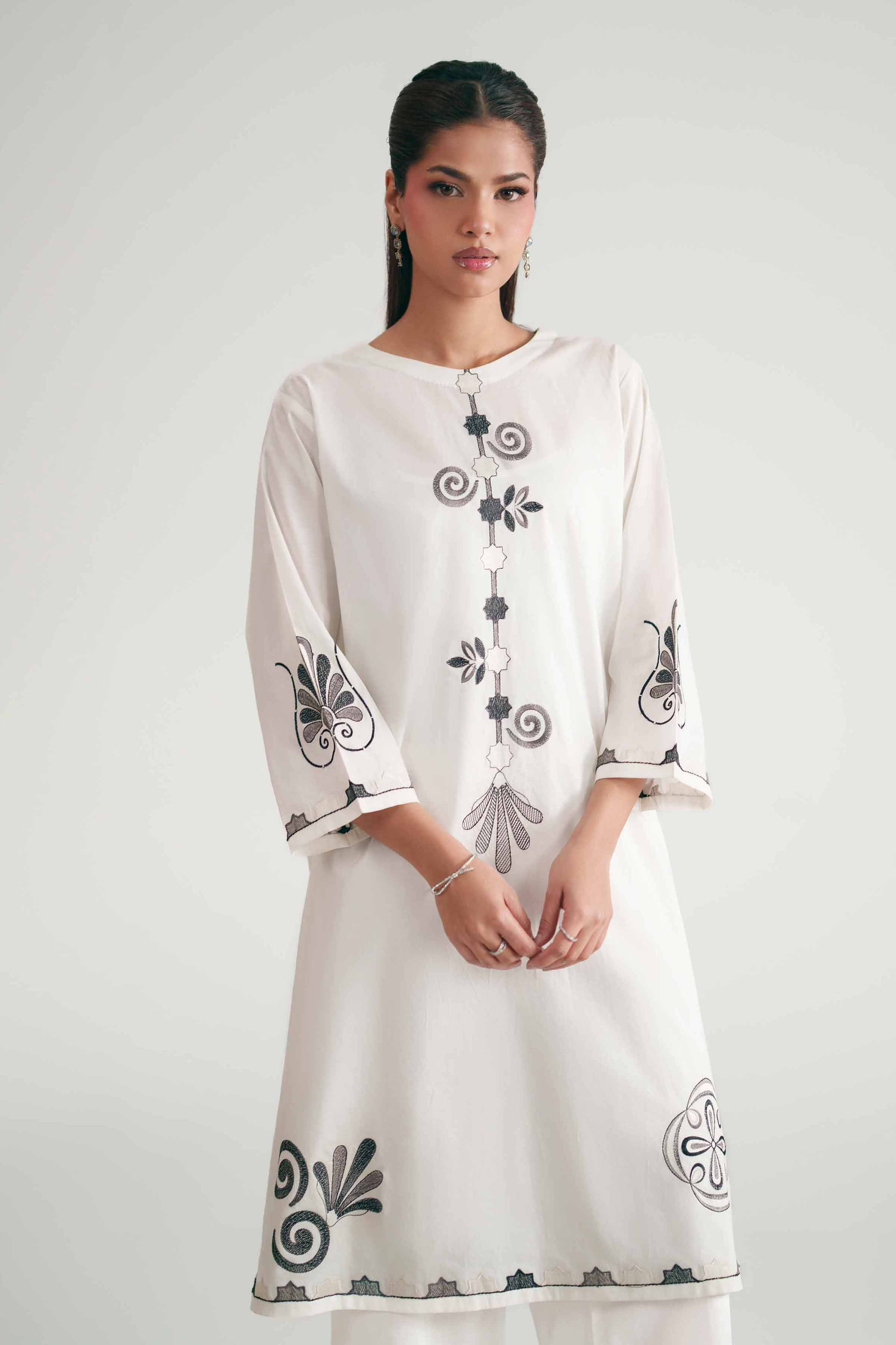 2 Piece - Embroidered Suit - KFE26-171 White Cambric 2PC Embroidered READY TO WEAR