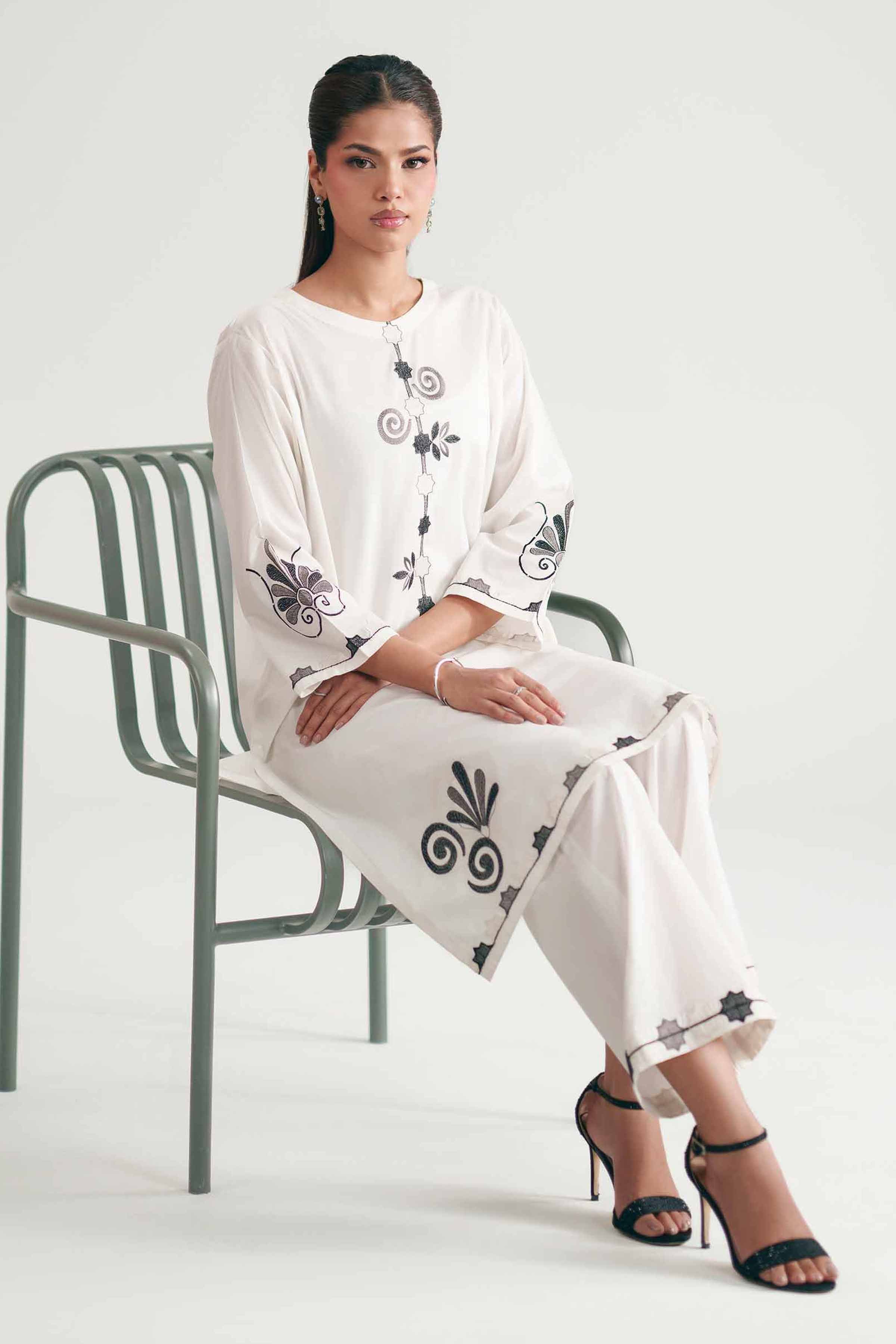 2 Piece - Embroidered Suit - KFE26-171 White Cambric 2PC Embroidered READY TO WEAR