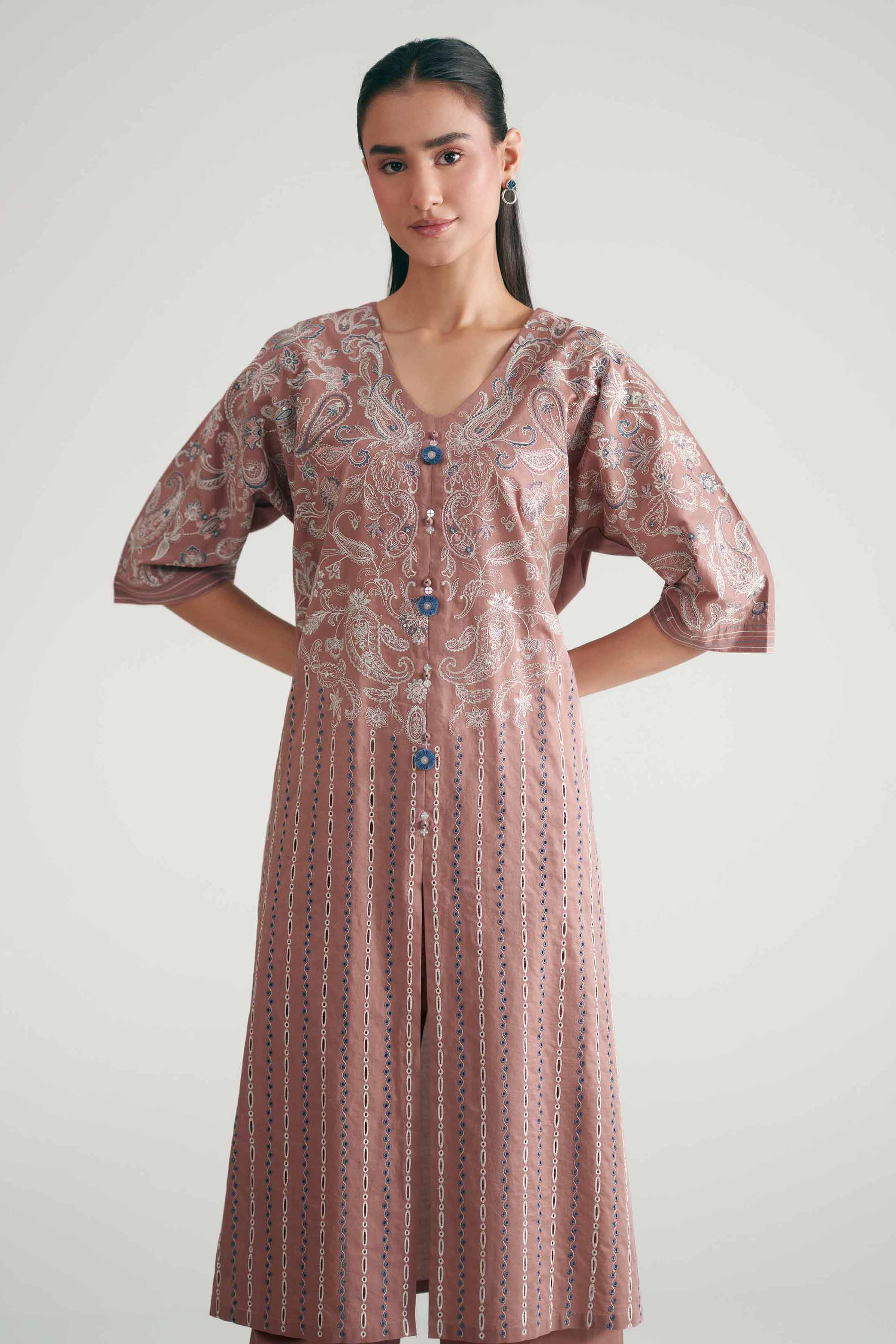 2 Piece - Embroidered Suit - KFE26-175 Brown Cambric 2PC Embroidered READY TO WEAR