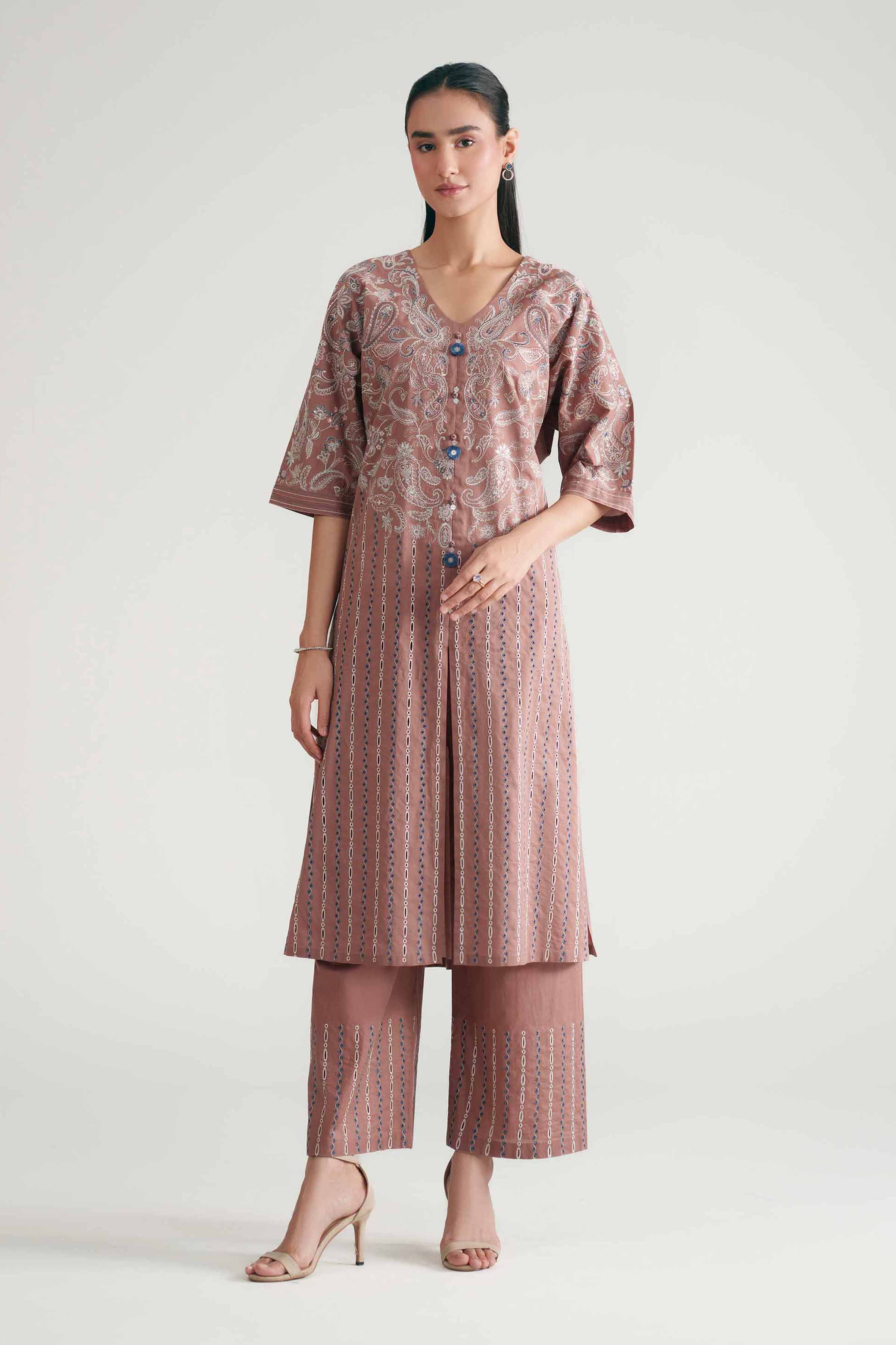 2 Piece - Embroidered Suit - KFE26-175 Brown Cambric 2PC Embroidered READY TO WEAR