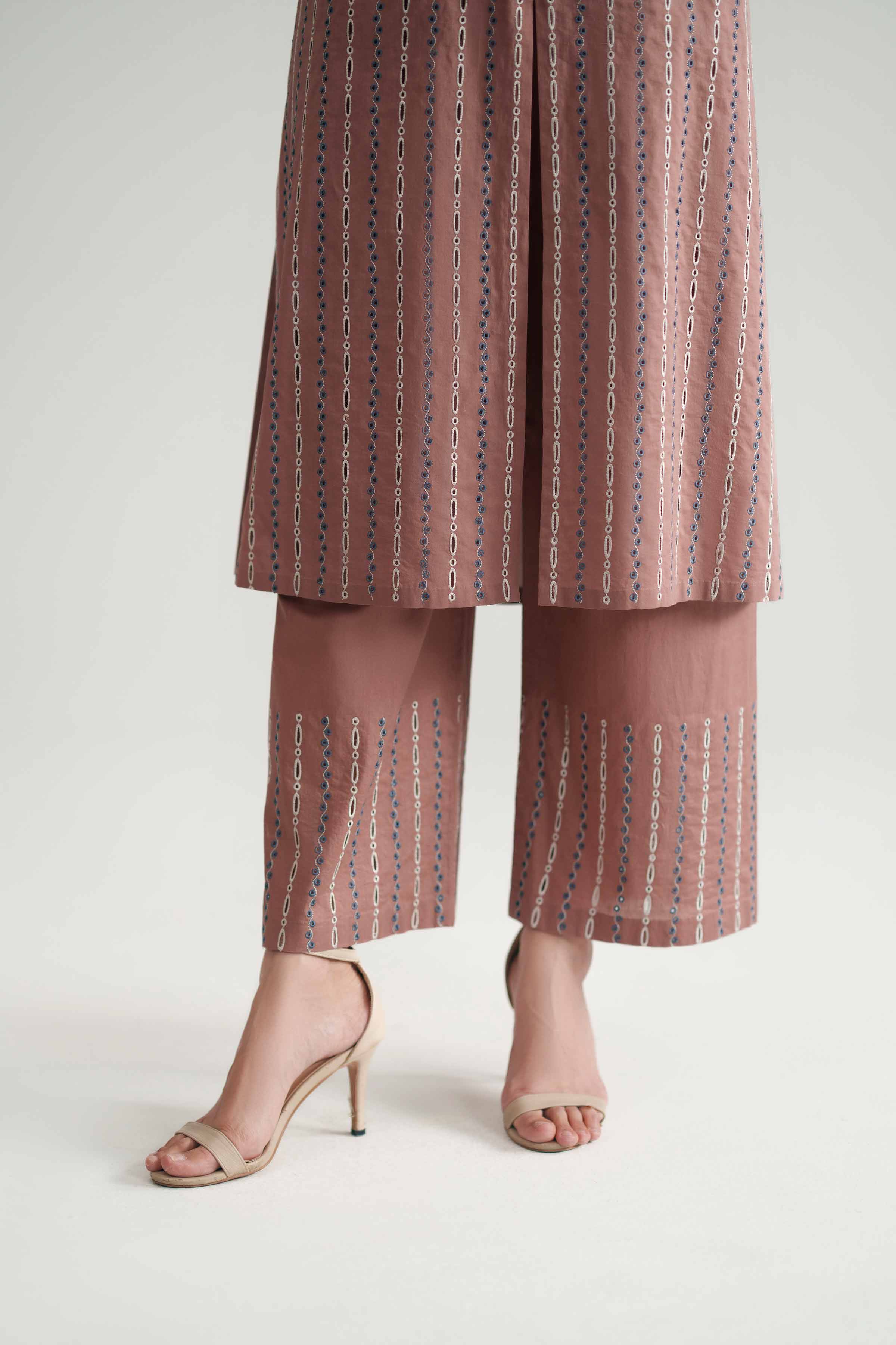 2 Piece - Embroidered Suit - KFE26-175 Brown Cambric 2PC Embroidered READY TO WEAR