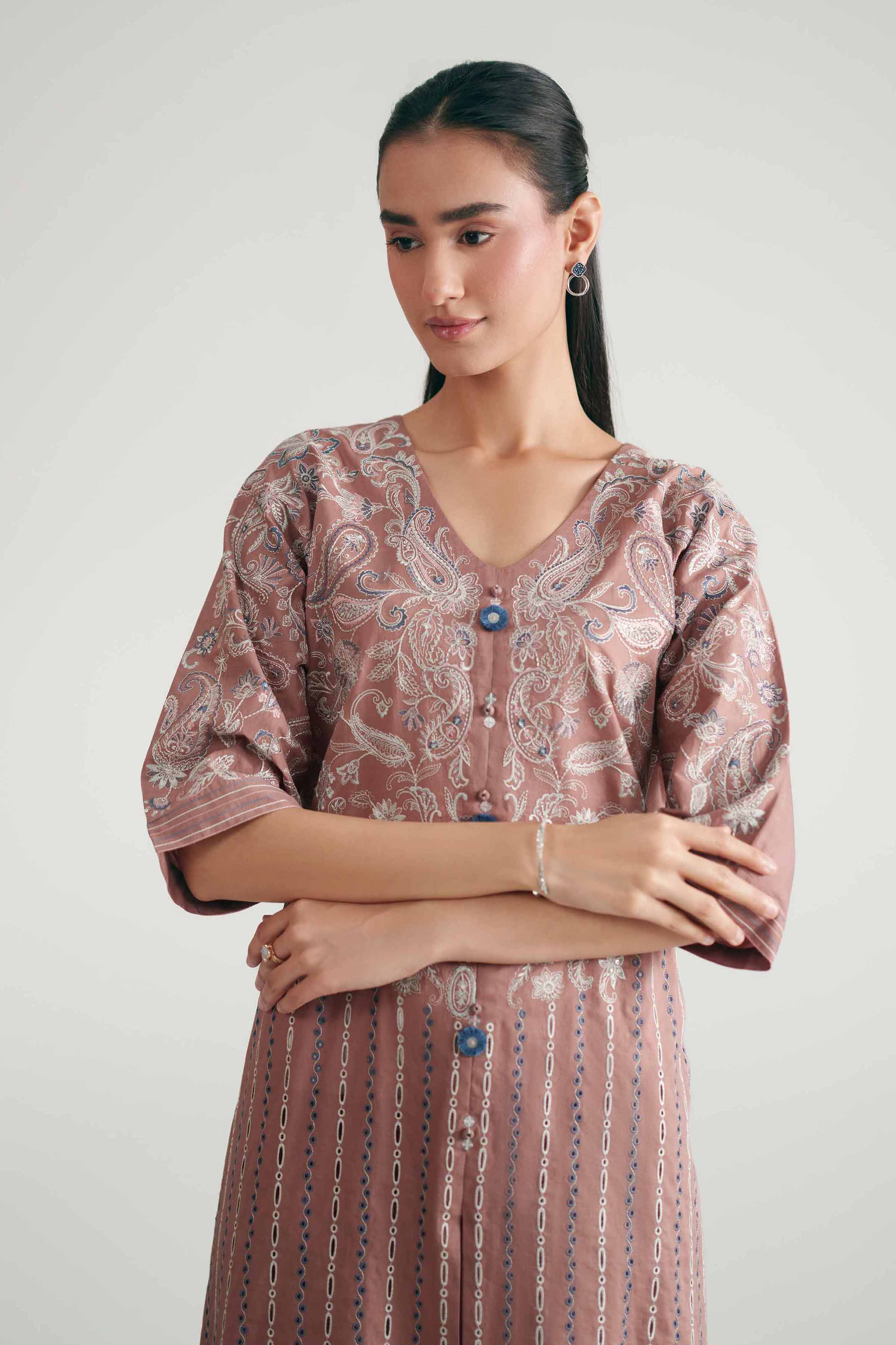 2 Piece - Embroidered Suit - KFE26-175 Brown Cambric 2PC Embroidered READY TO WEAR