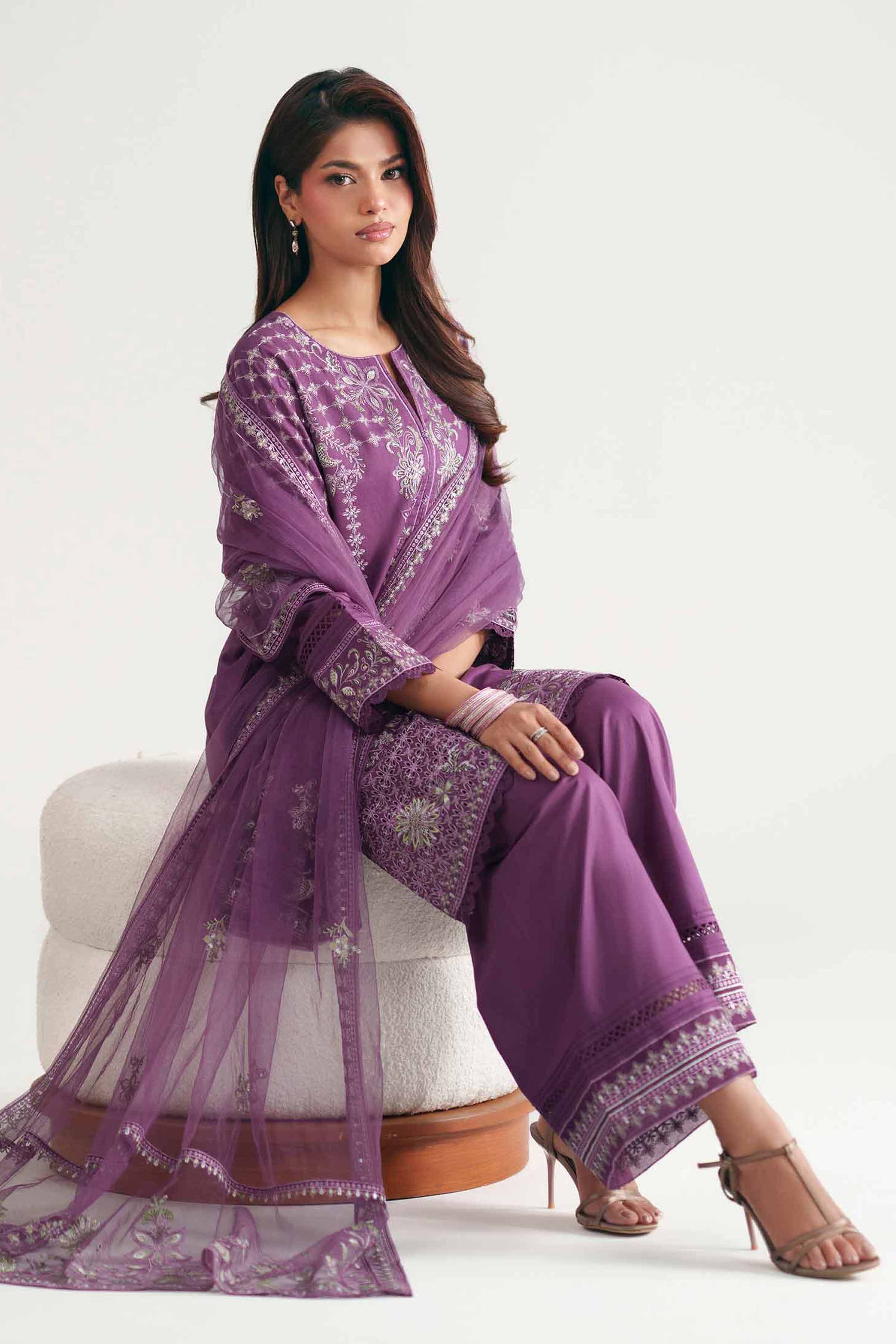 3 Piece - Embroidered Suit - KFE26-181 Purple Cambric Embroidered Straight shirt