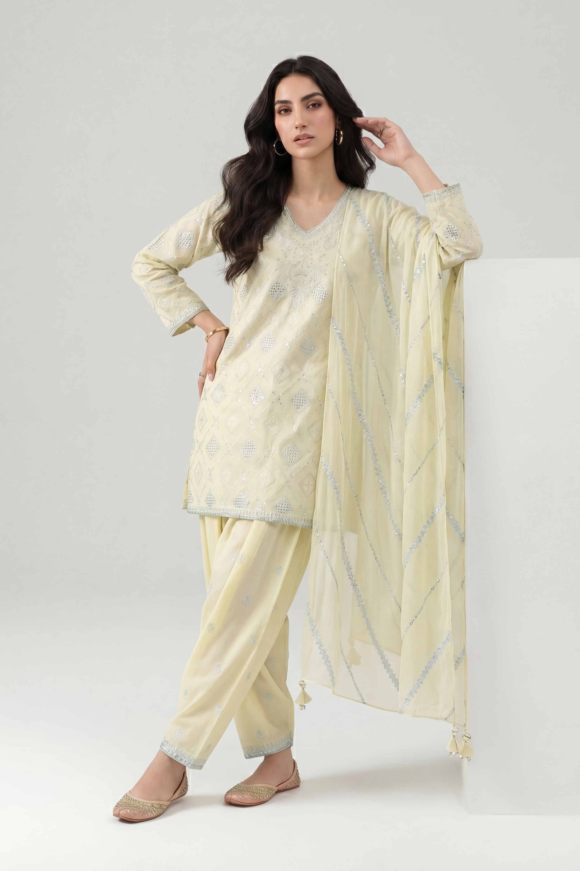 3 Piece - Embroidered Suit - KFE26-184 Yellow Cambric Embroidered Straight shirt