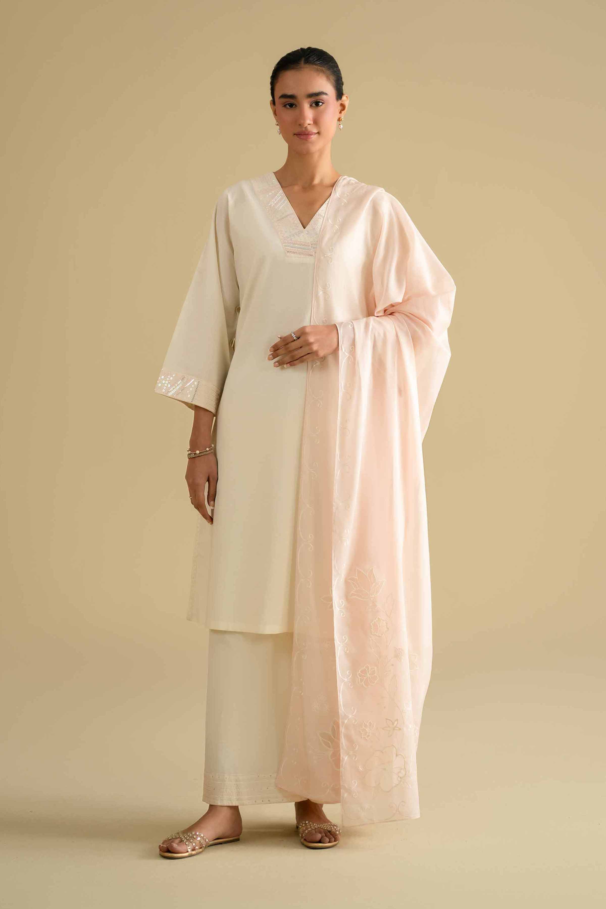 2 Piece - Embroidered Suit - KFE26-19 Off White Cambric Embroidered