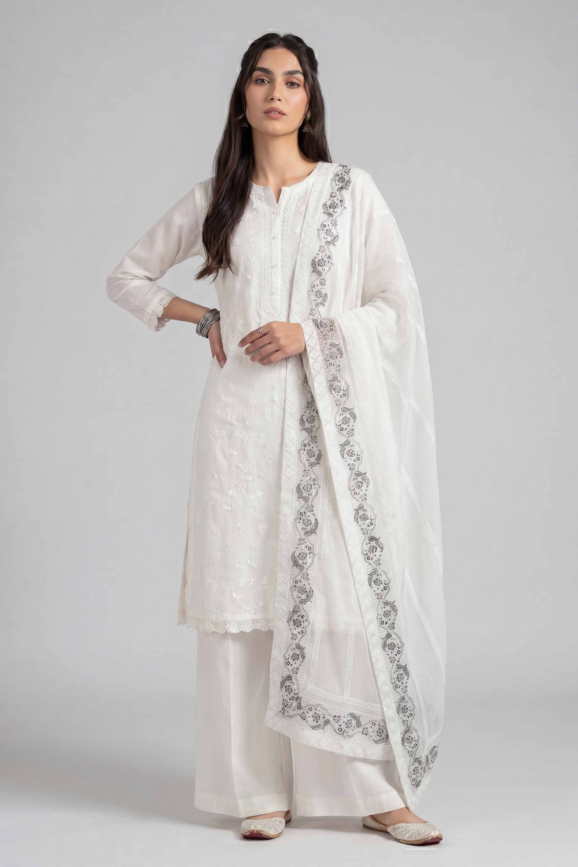 Embroidered Dupatta - KFE26-193 White Chiffon 1PC Embroidered READY TO WEAR