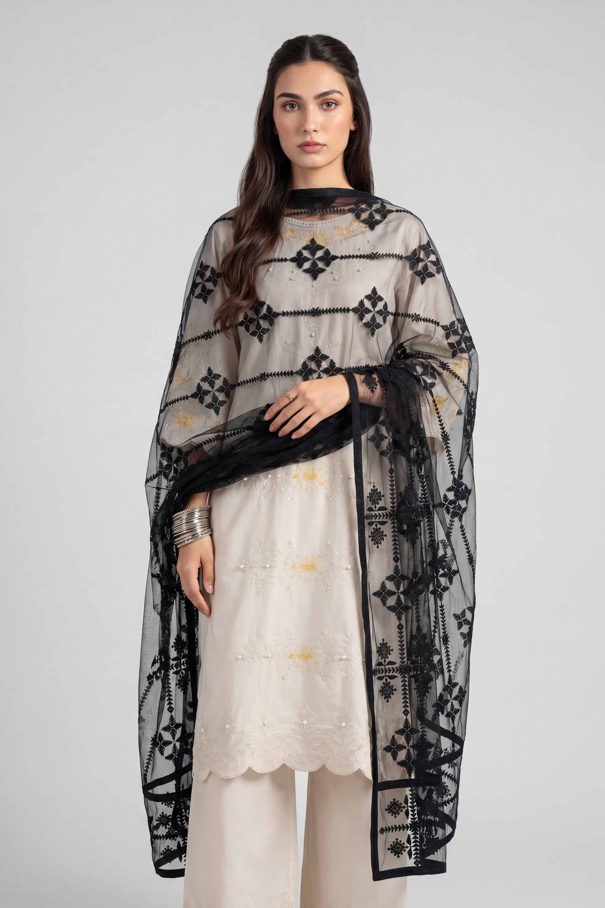 Embroidered Dupatta - KFE26-194 Black Net 1PC Embroidered READY TO WEAR