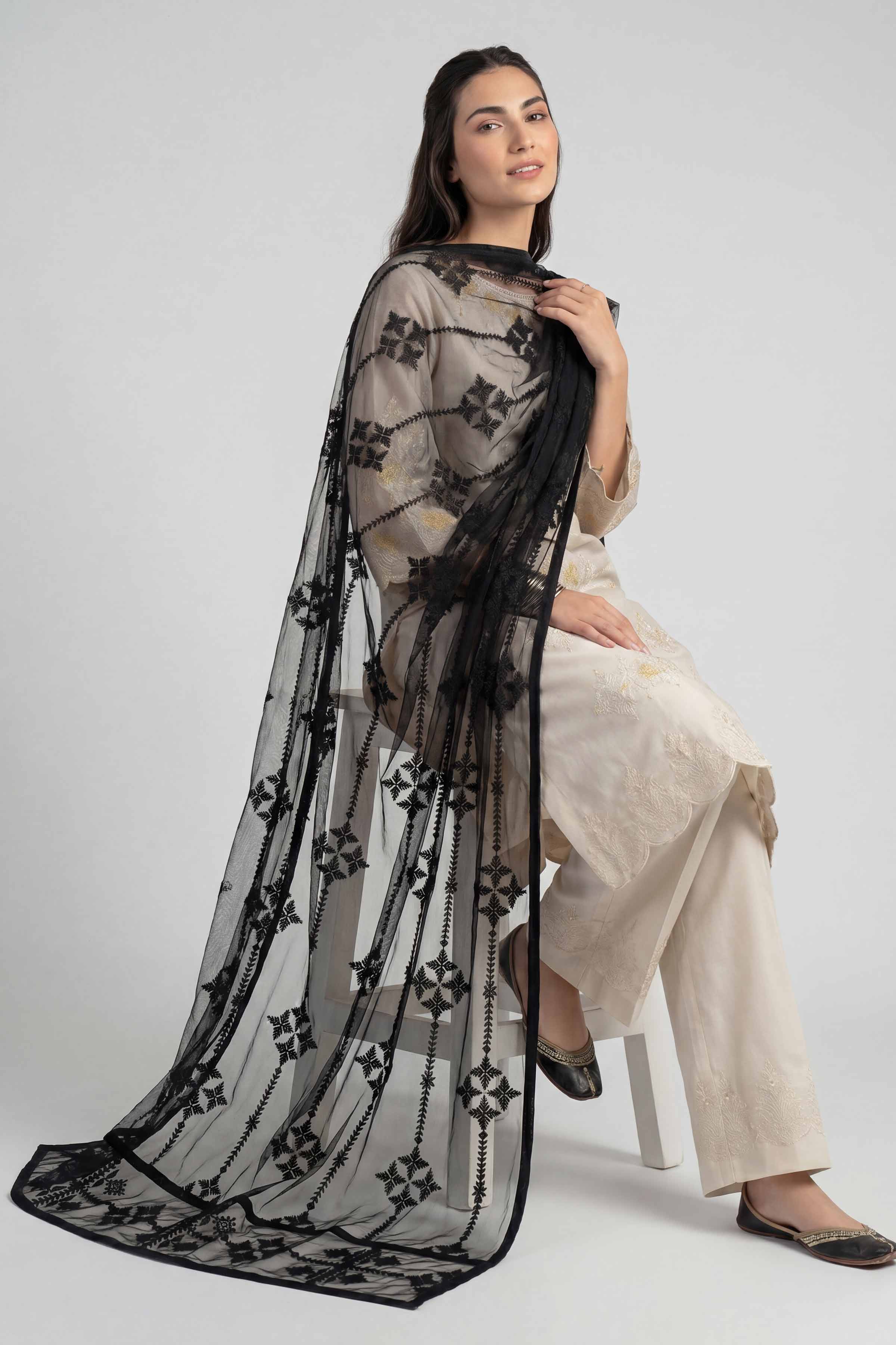 Embroidered Dupatta - KFE26-194 Black Net 1PC Embroidered READY TO WEAR