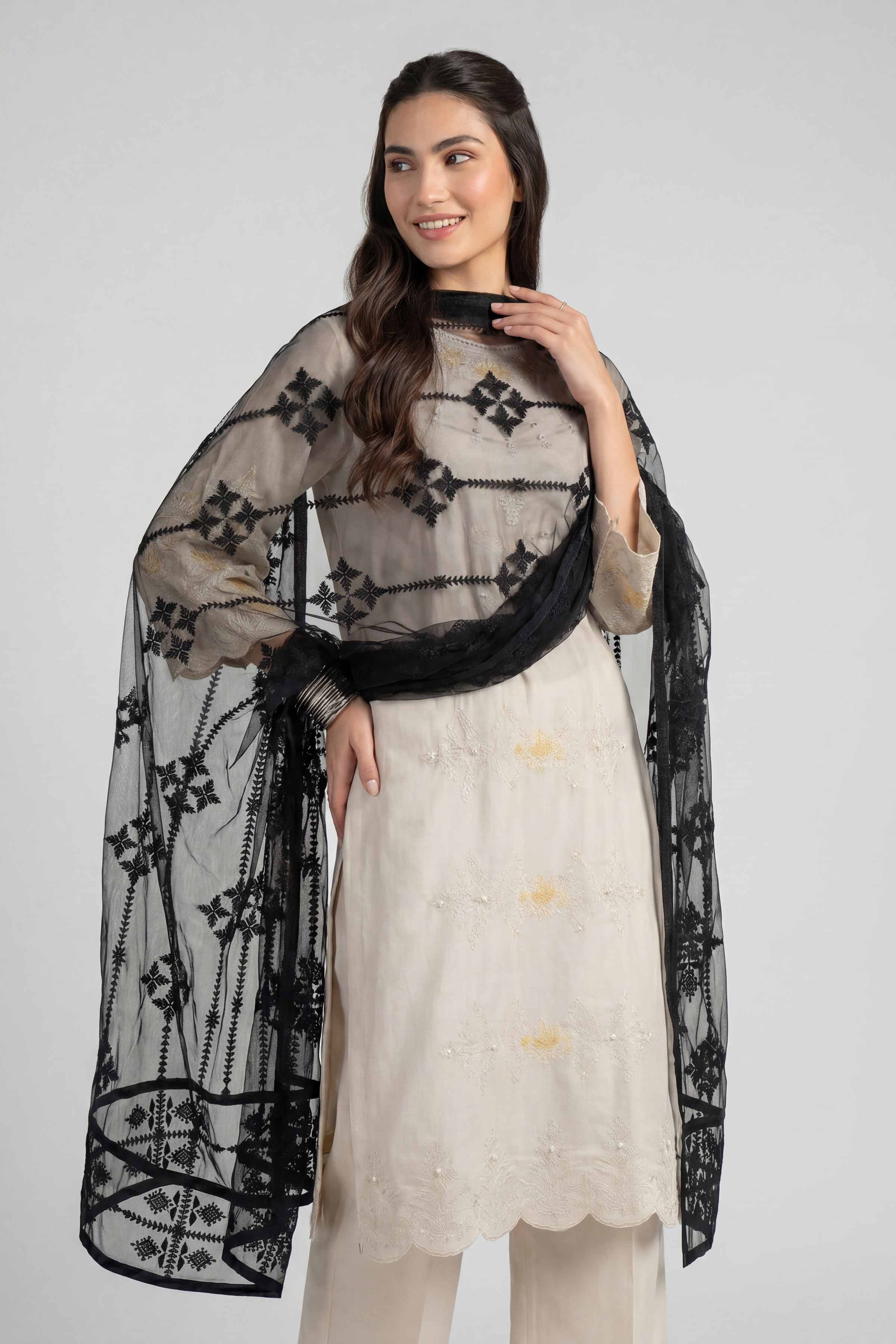Embroidered Dupatta - KFE26-194 Black Net 1PC Embroidered READY TO WEAR
